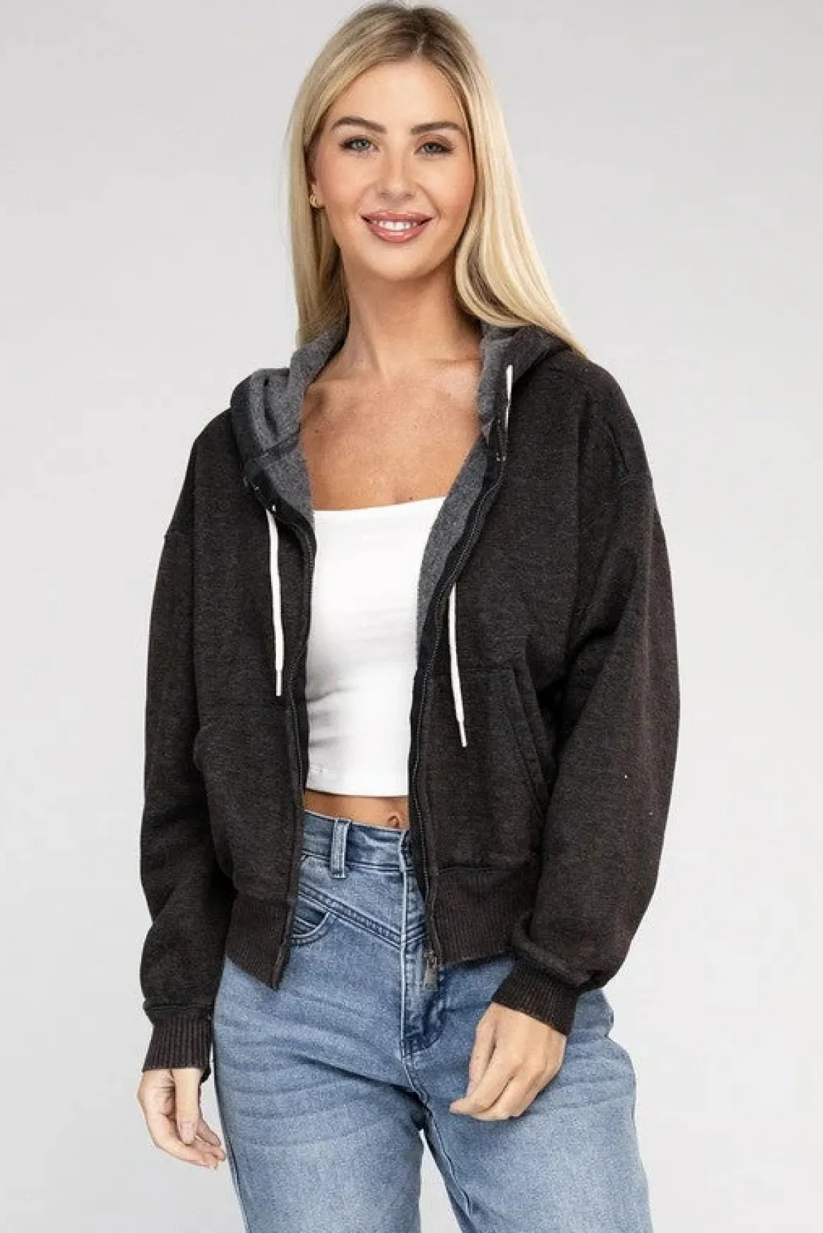Acid Wash Fleece Cropped Zip-Up Hoodie *Online Only*