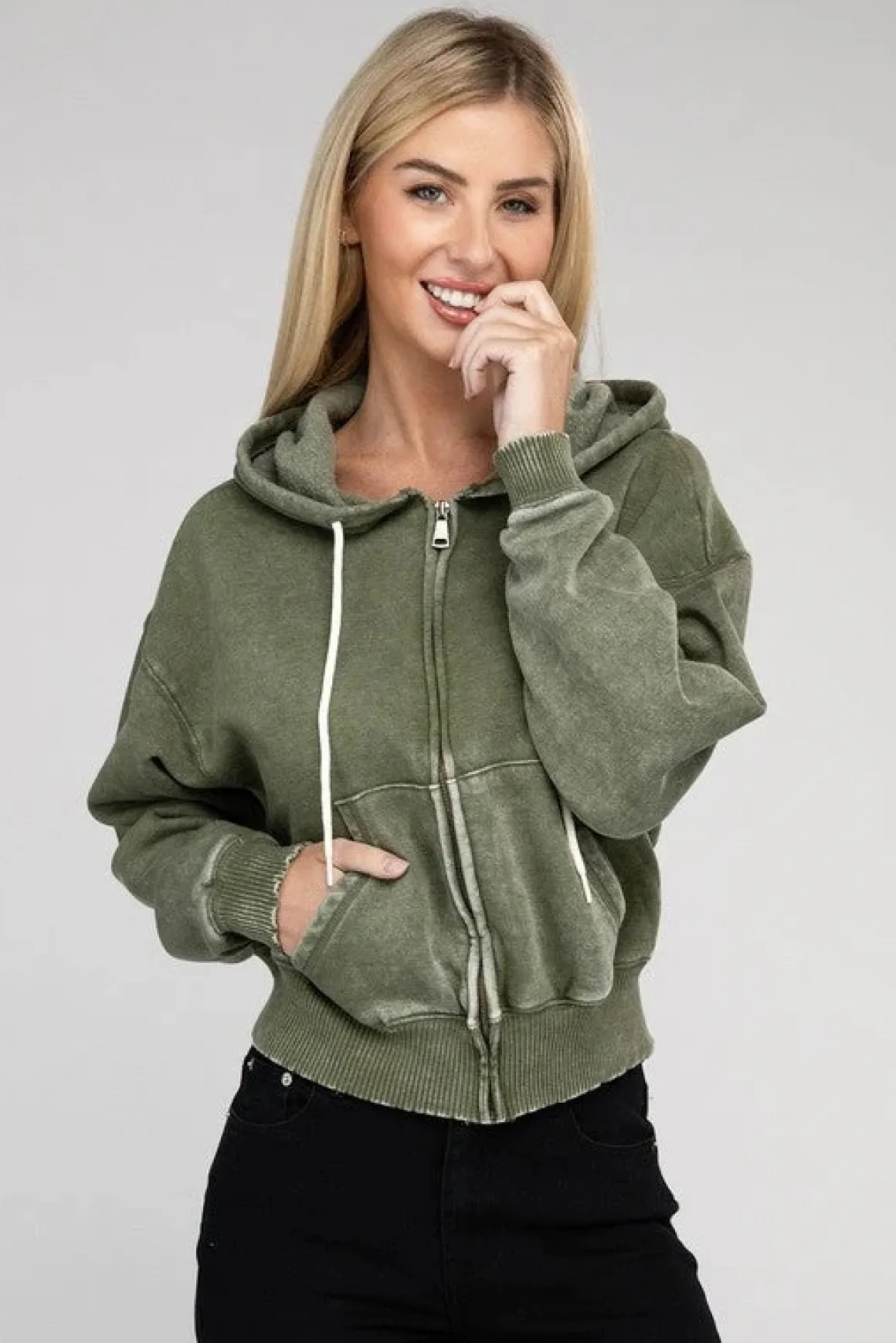 Acid Wash Fleece Cropped Zip-Up Hoodie *Online Only*