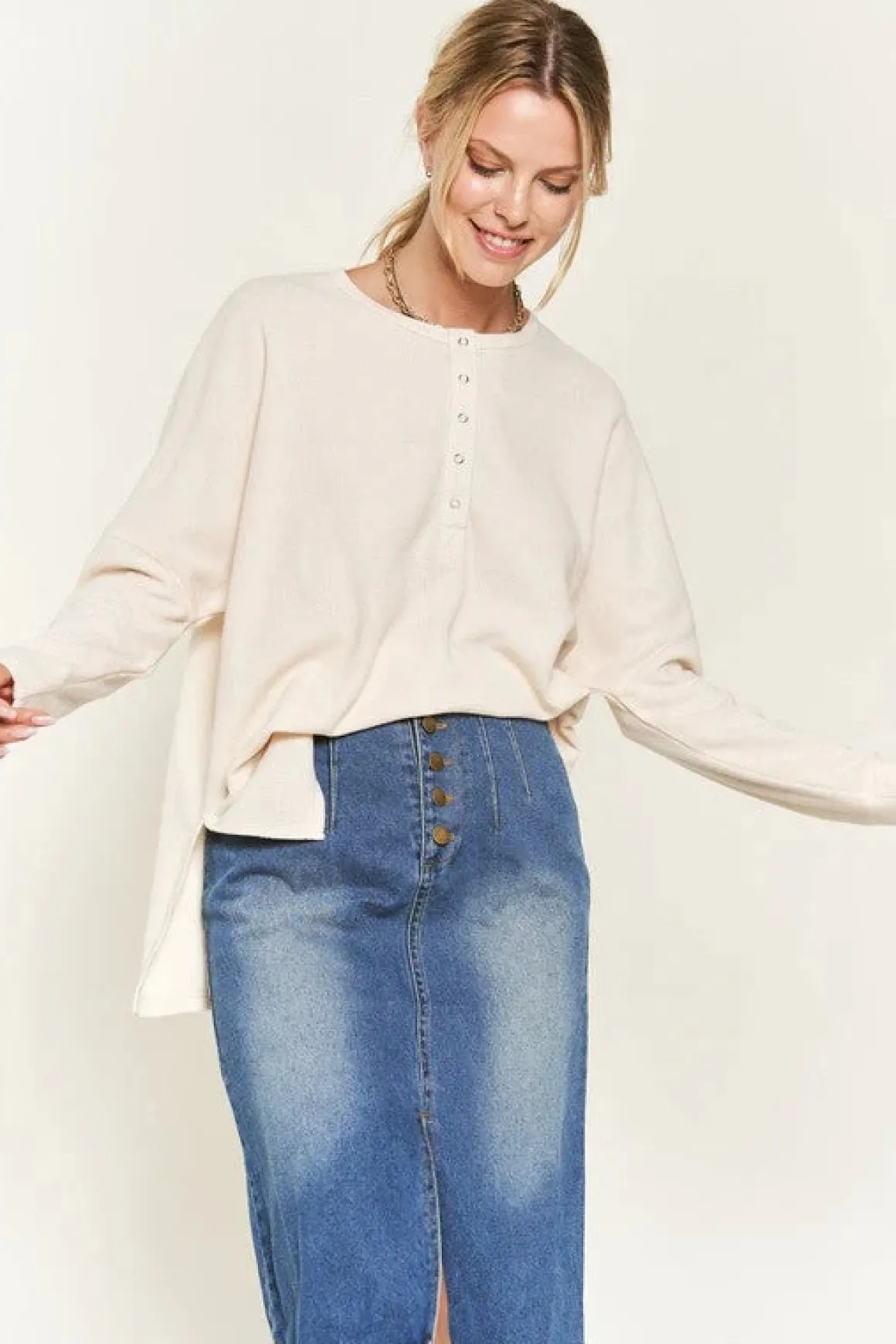 Button down side slit pullover knit top *Online Only*