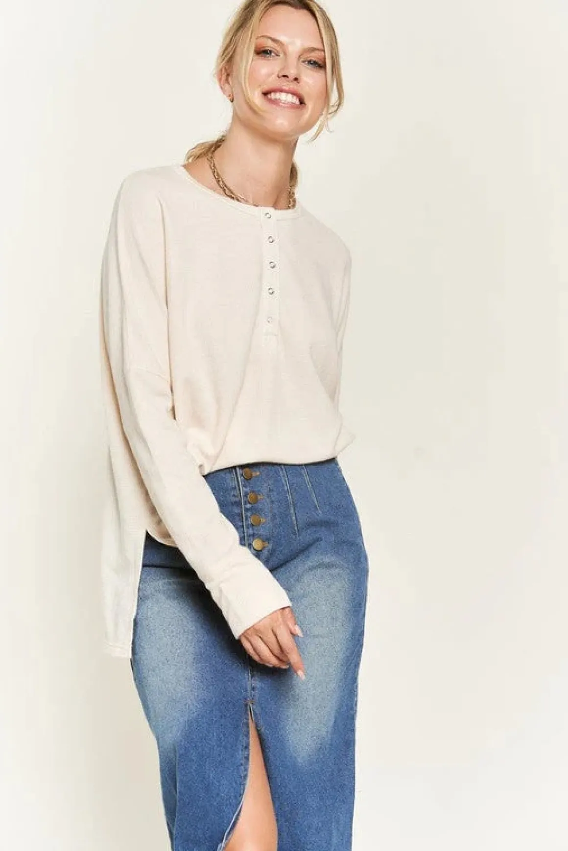 Button down side slit pullover knit top  *Online Only*