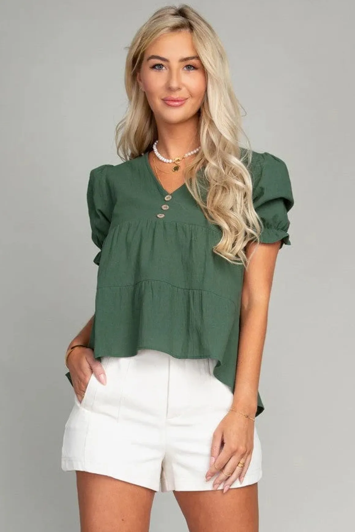 Button Front Puff Sleeve Blouse  *Online Only*