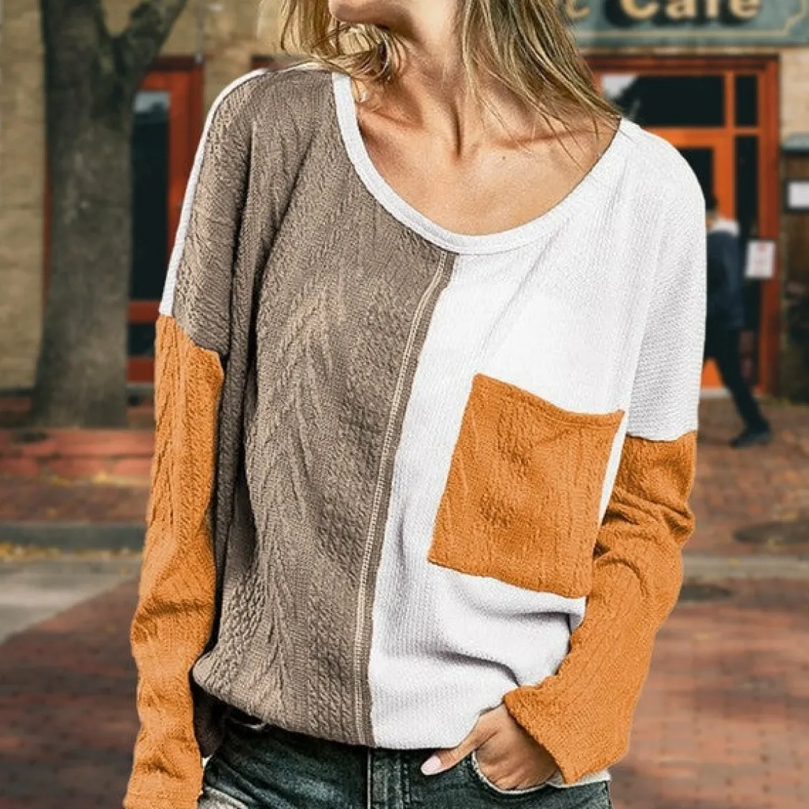 Cable knit color block round neck sweater *Online Only*