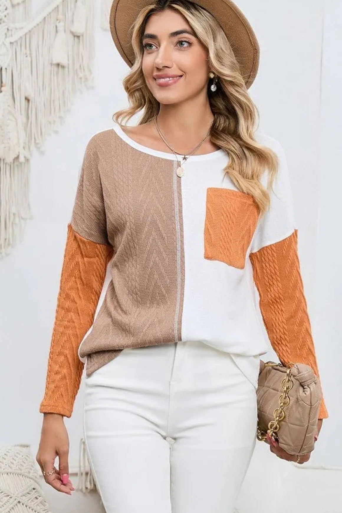 Cable knit color block round neck sweater *Online Only*