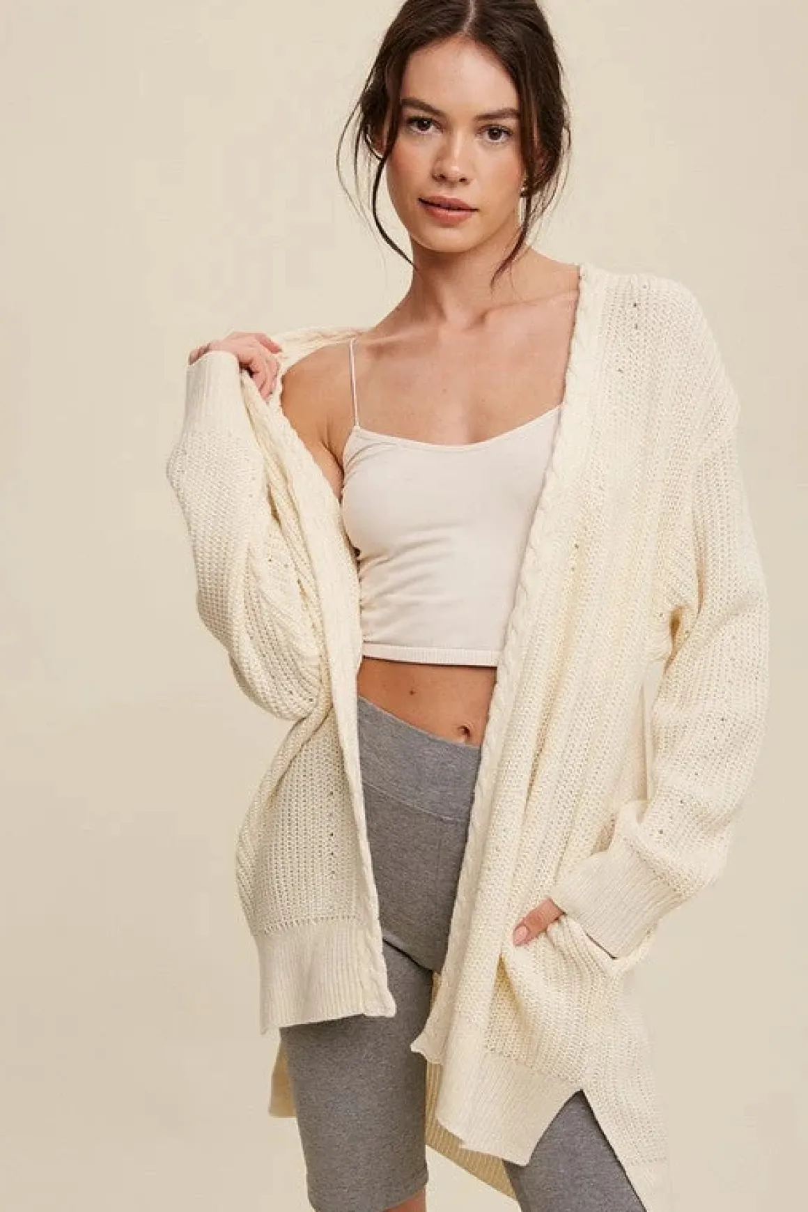 Cable Knit Open Front Long Cardigan *Online Only*