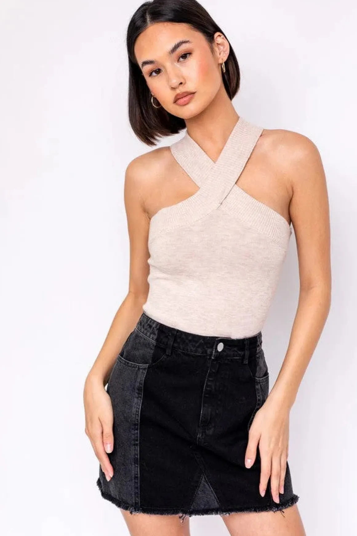 Criss Cross Halter Band Sweater Bodysuit *Online Only*