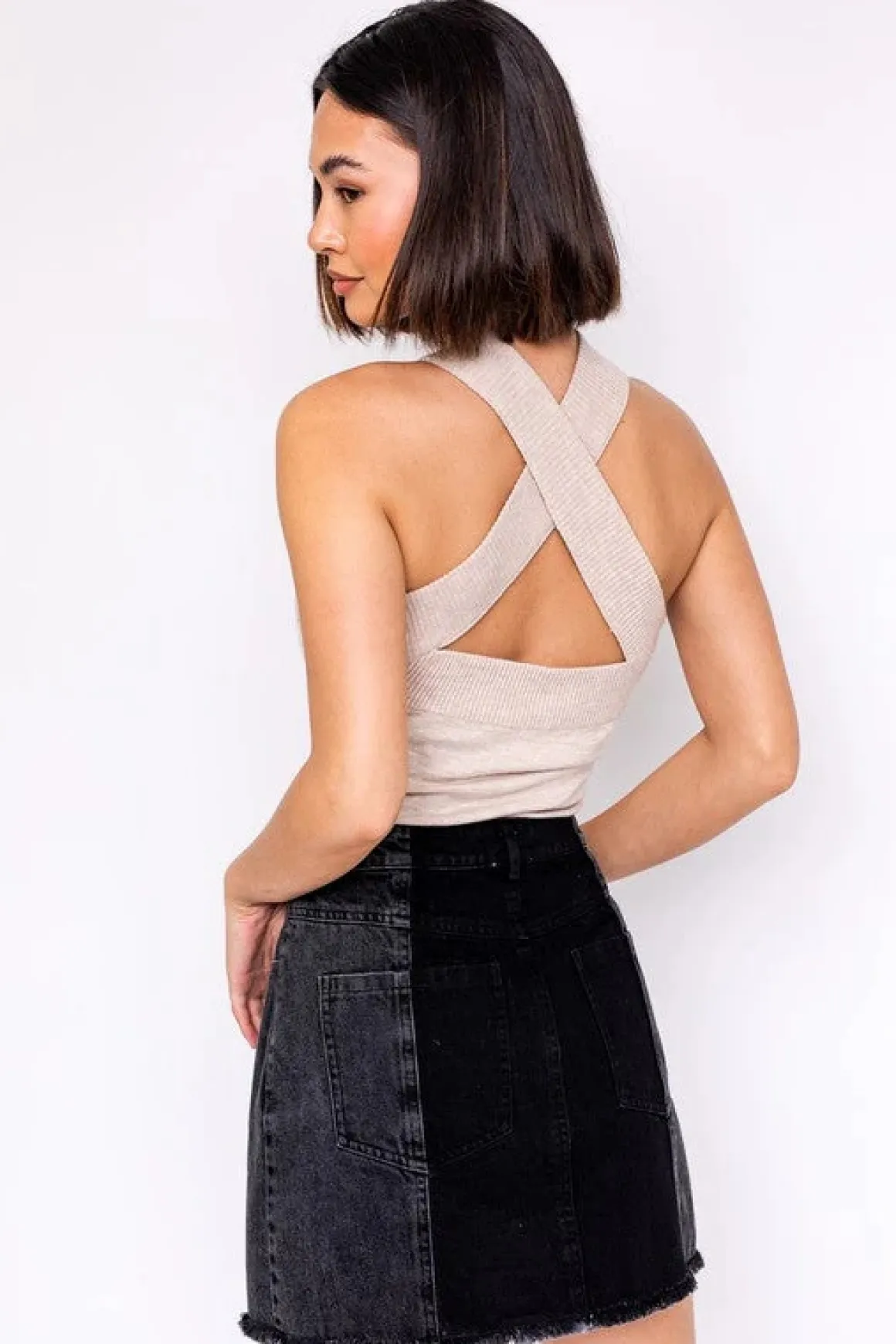 Criss Cross Halter Band Sweater Bodysuit *Online Only*