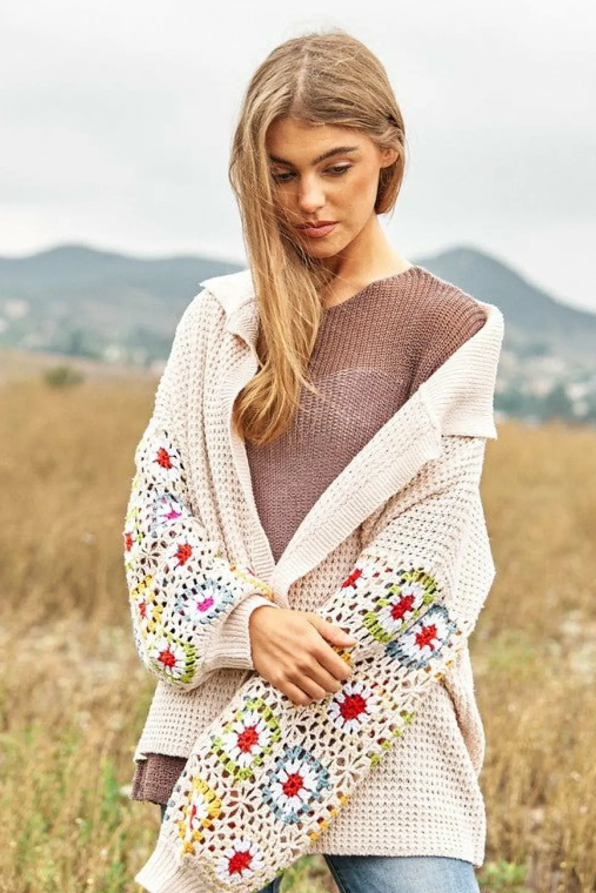 Crochet Floral Printed Long Sleeve Knit Cardigan *Online Only*