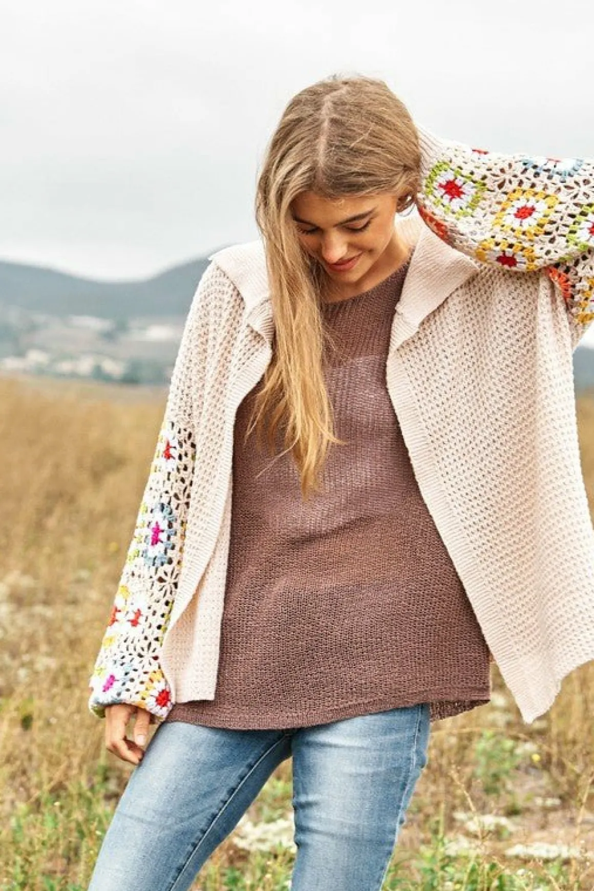 Crochet Floral Printed Long Sleeve Knit Cardigan *Online Only*