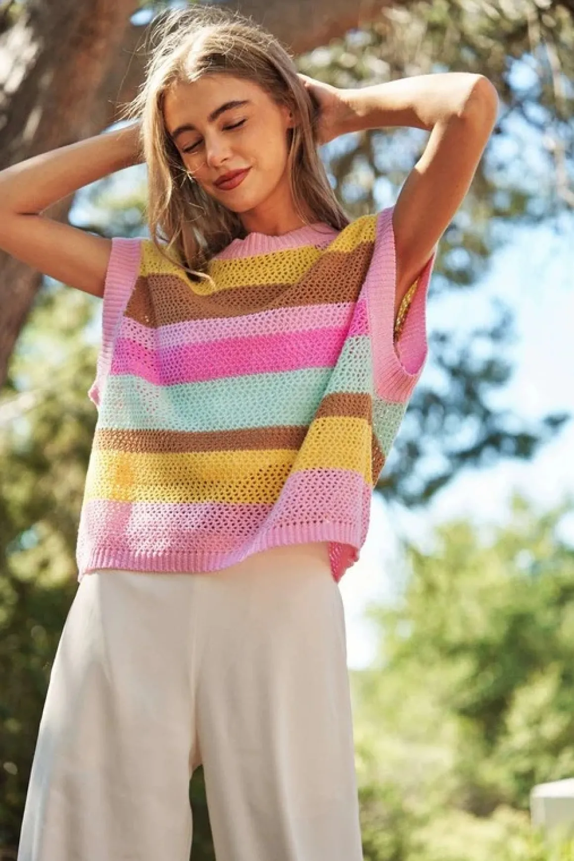 Crochet Multi Striped Pullover Knit Sweater Vest *Online Only*