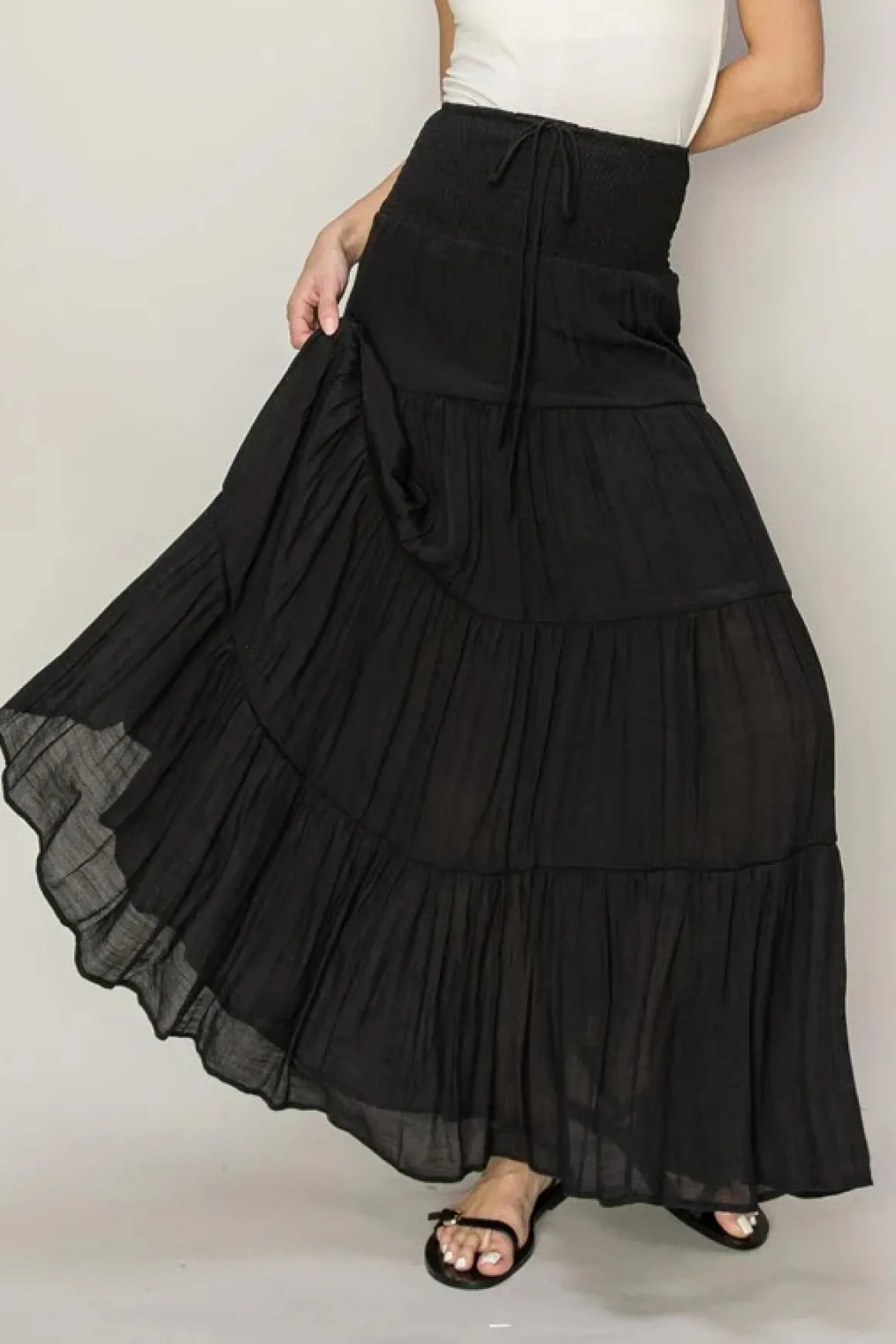 D-Drawstring Waist Tiered Maxi Skirt *Online Only*
