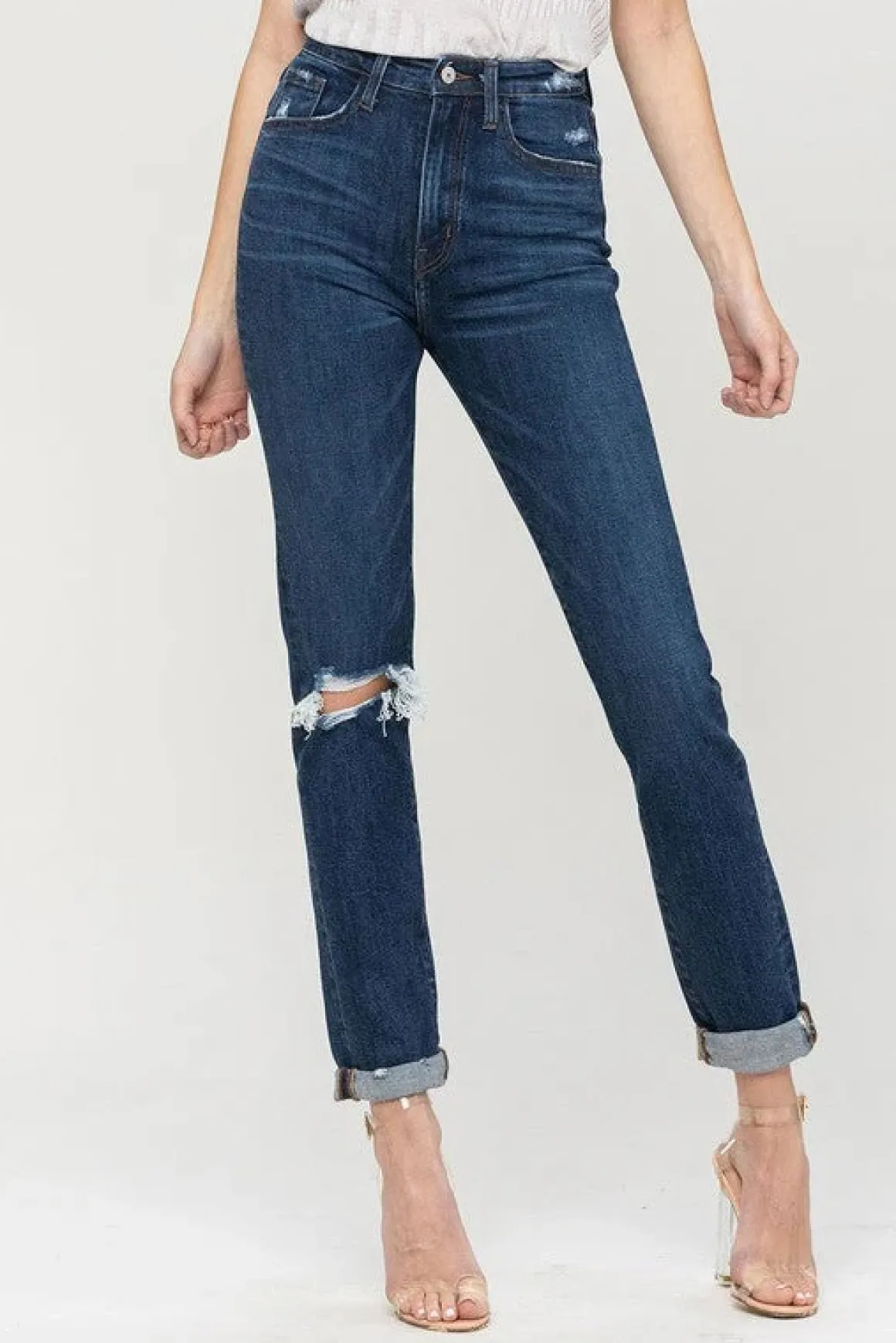 Distressed Roll Up Stretch Mom Jeans
