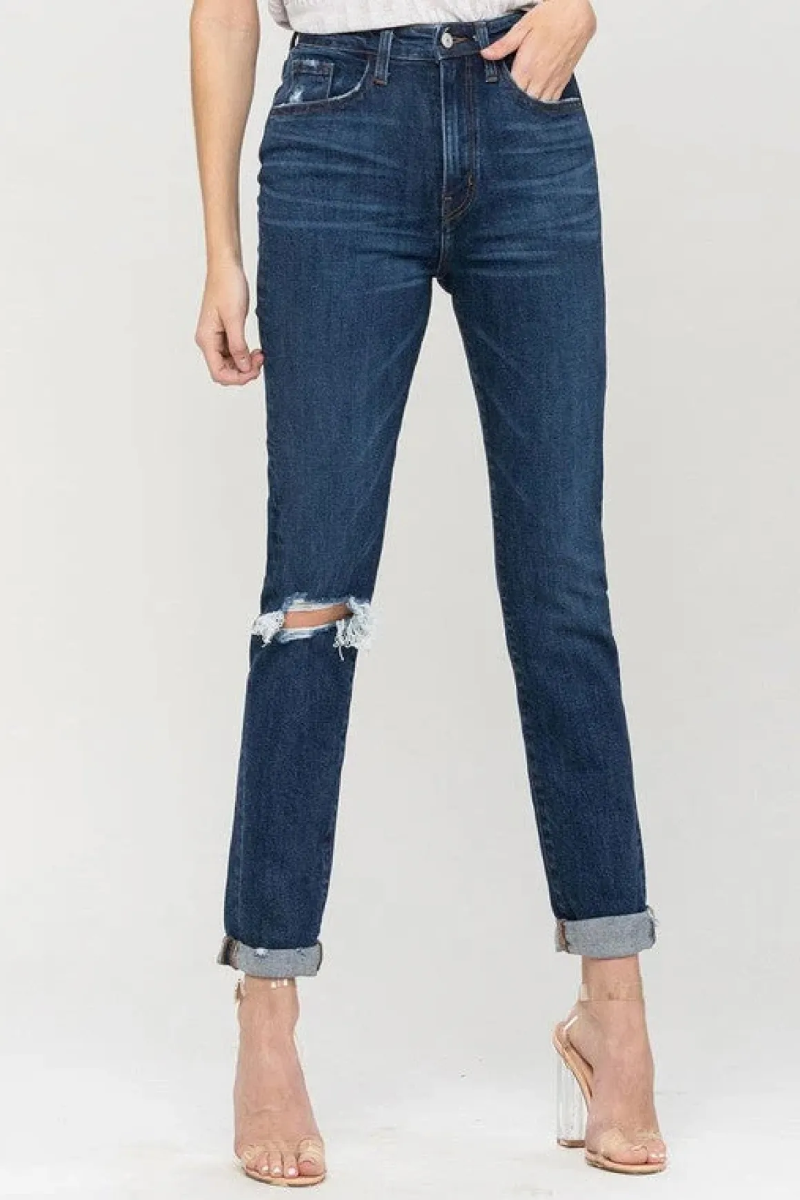 Distressed Roll Up Stretch Mom Jeans