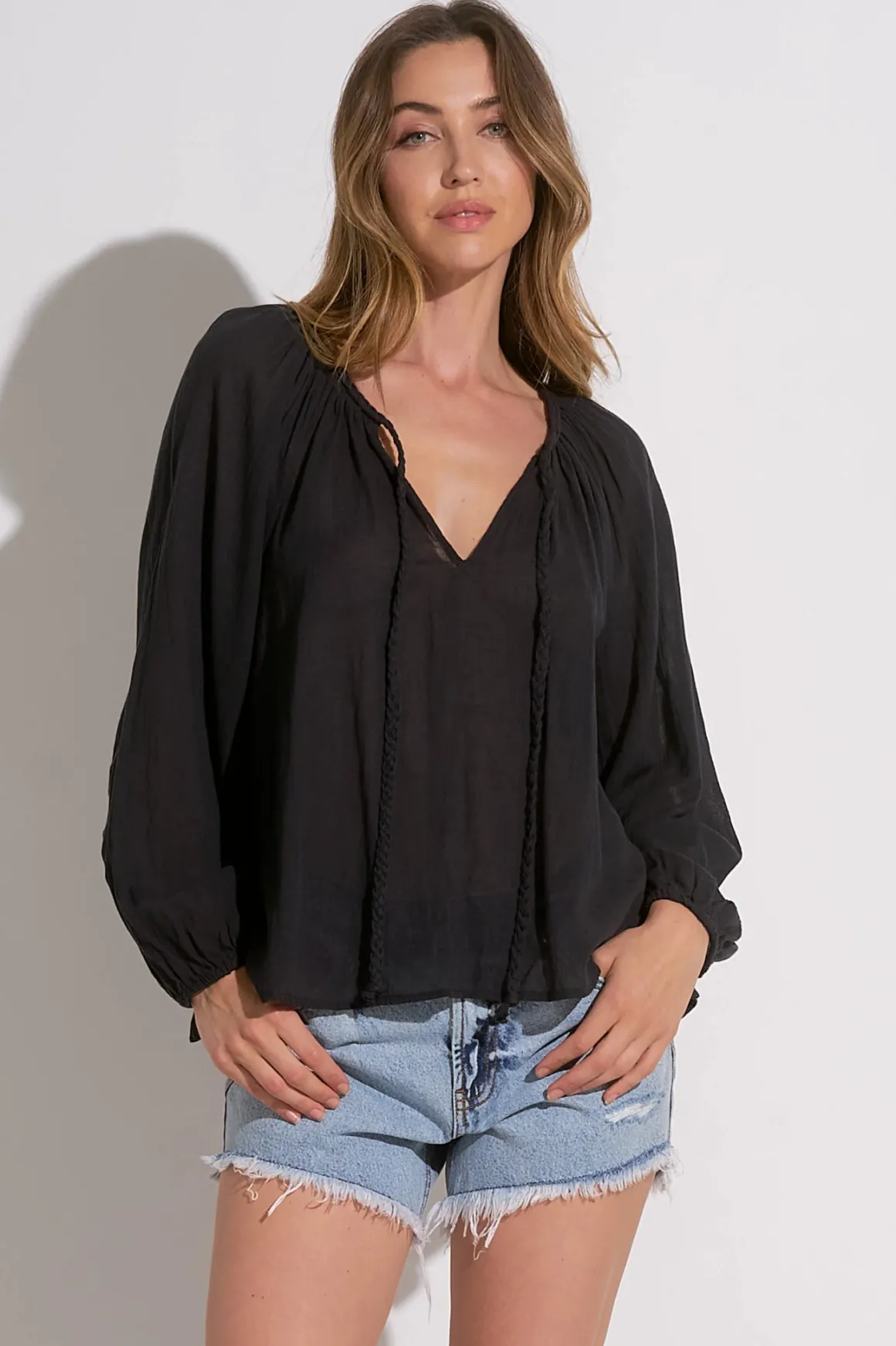 Elan Braided Tie V-Neck Shirt