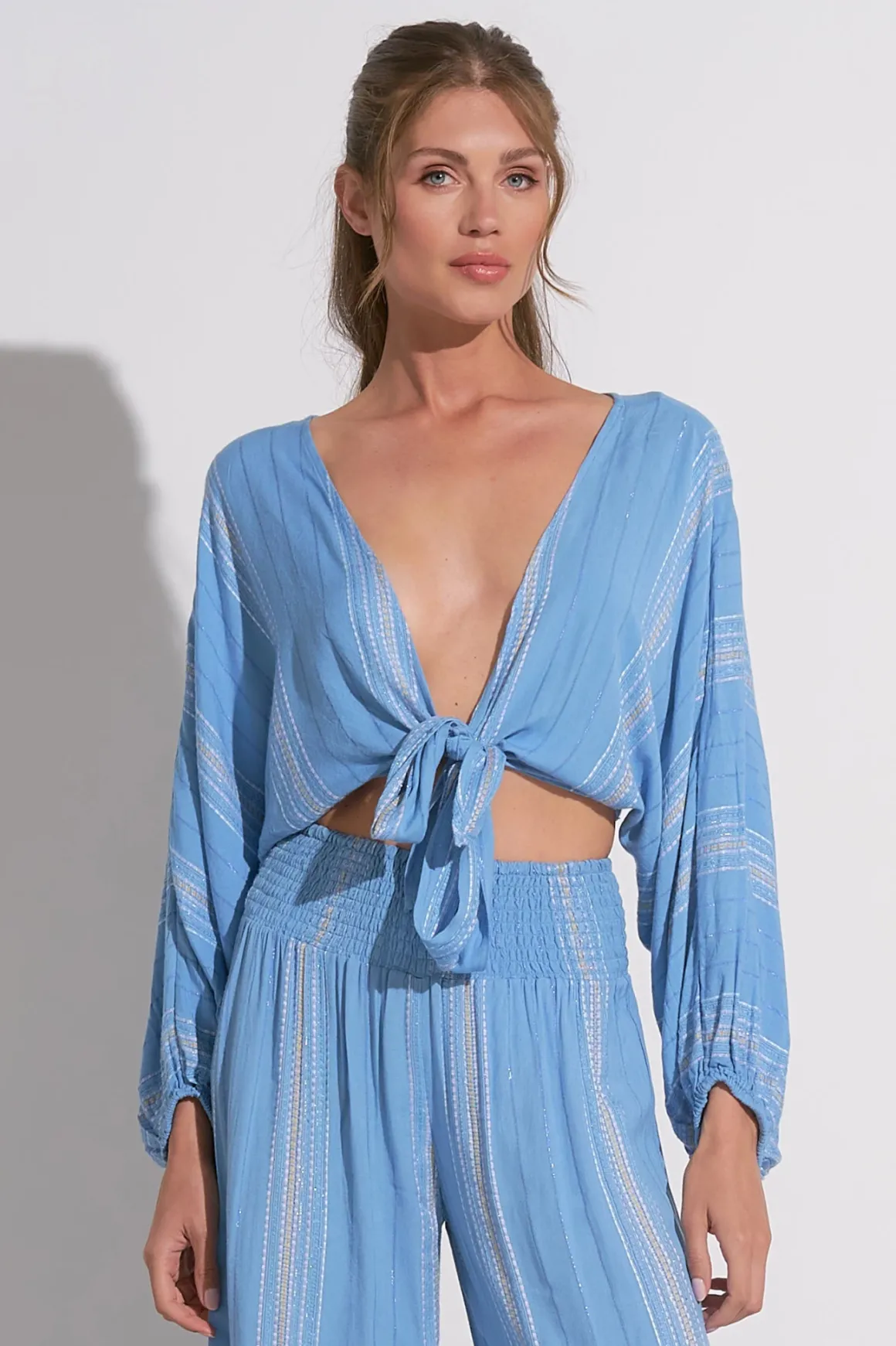 Elan Long Sleeve Tie Front Top