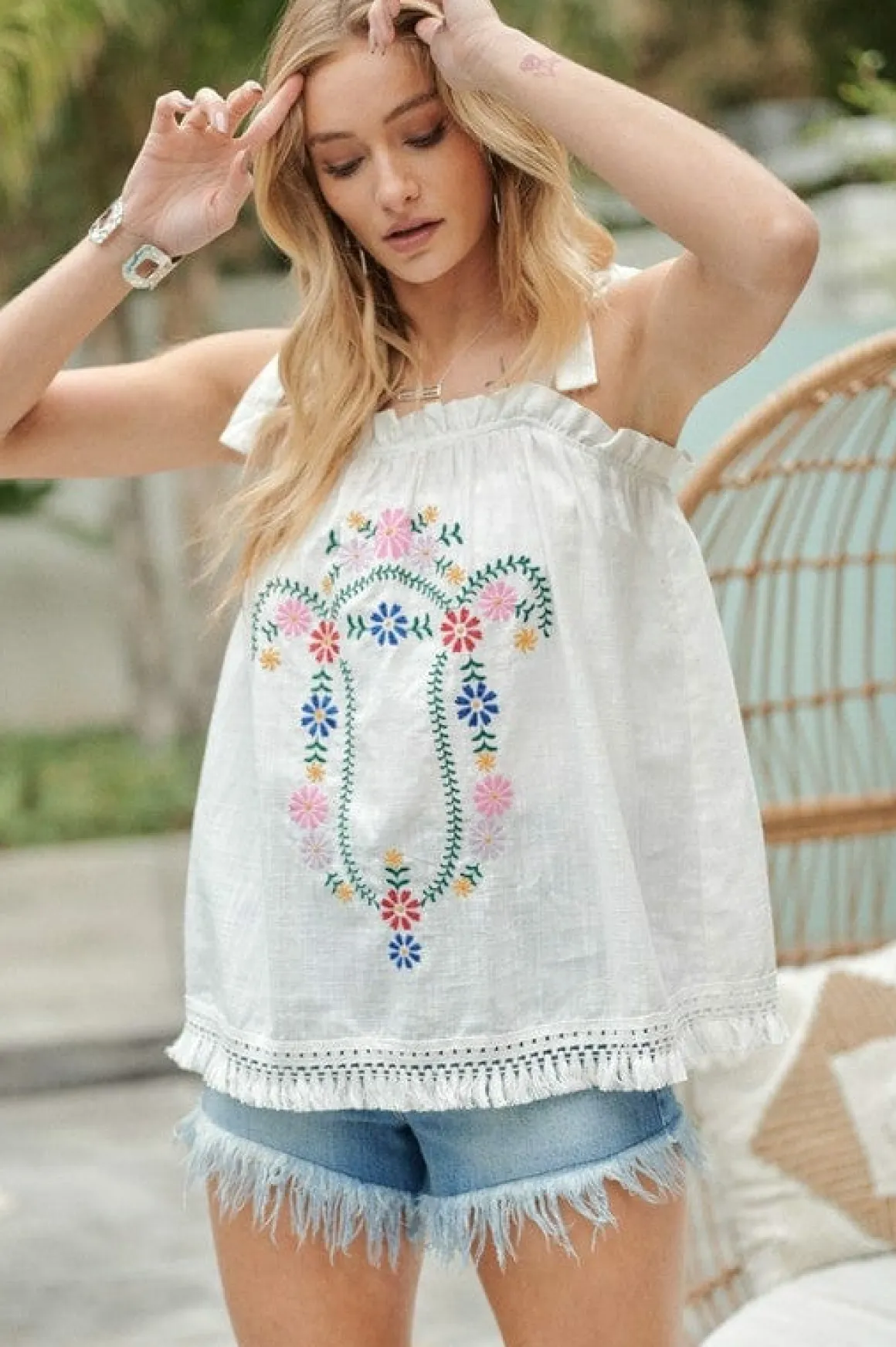 Embroidered Sleeveless Ruffle Tank Top *Online Only*