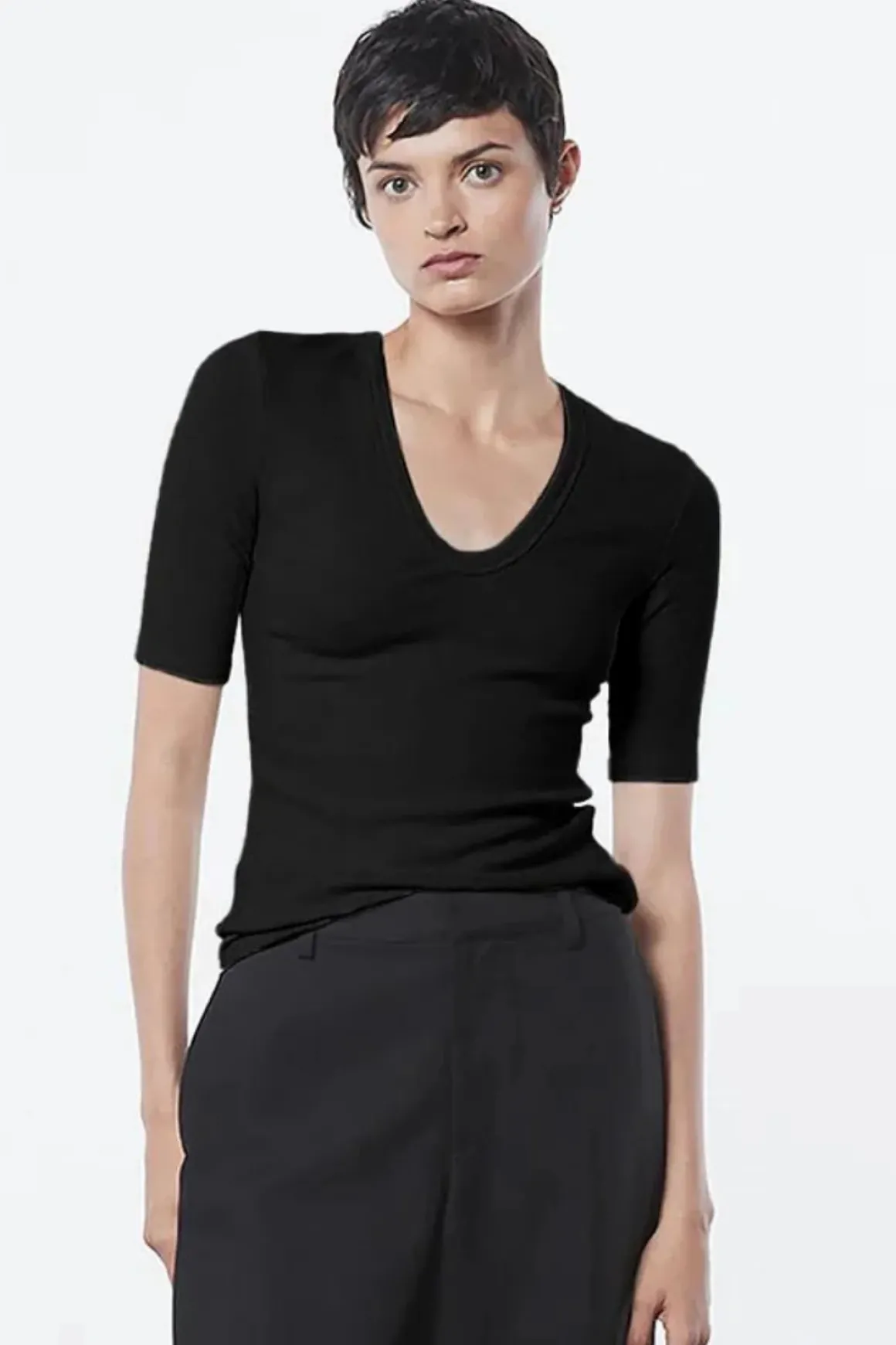 Enza Costa Textured Knit Half Sleeve U Neck