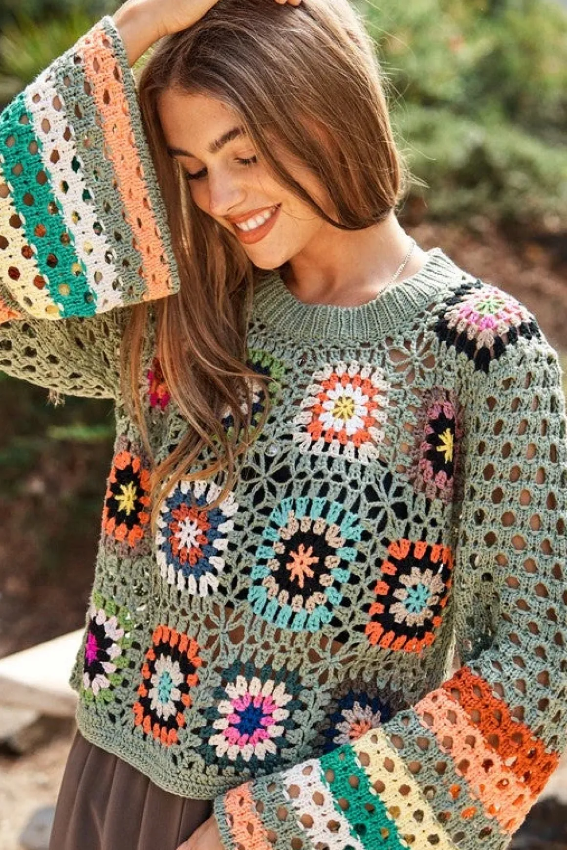 Floral Crochet Striped Sleeve Cropped Knit Sweater *Onine Only*