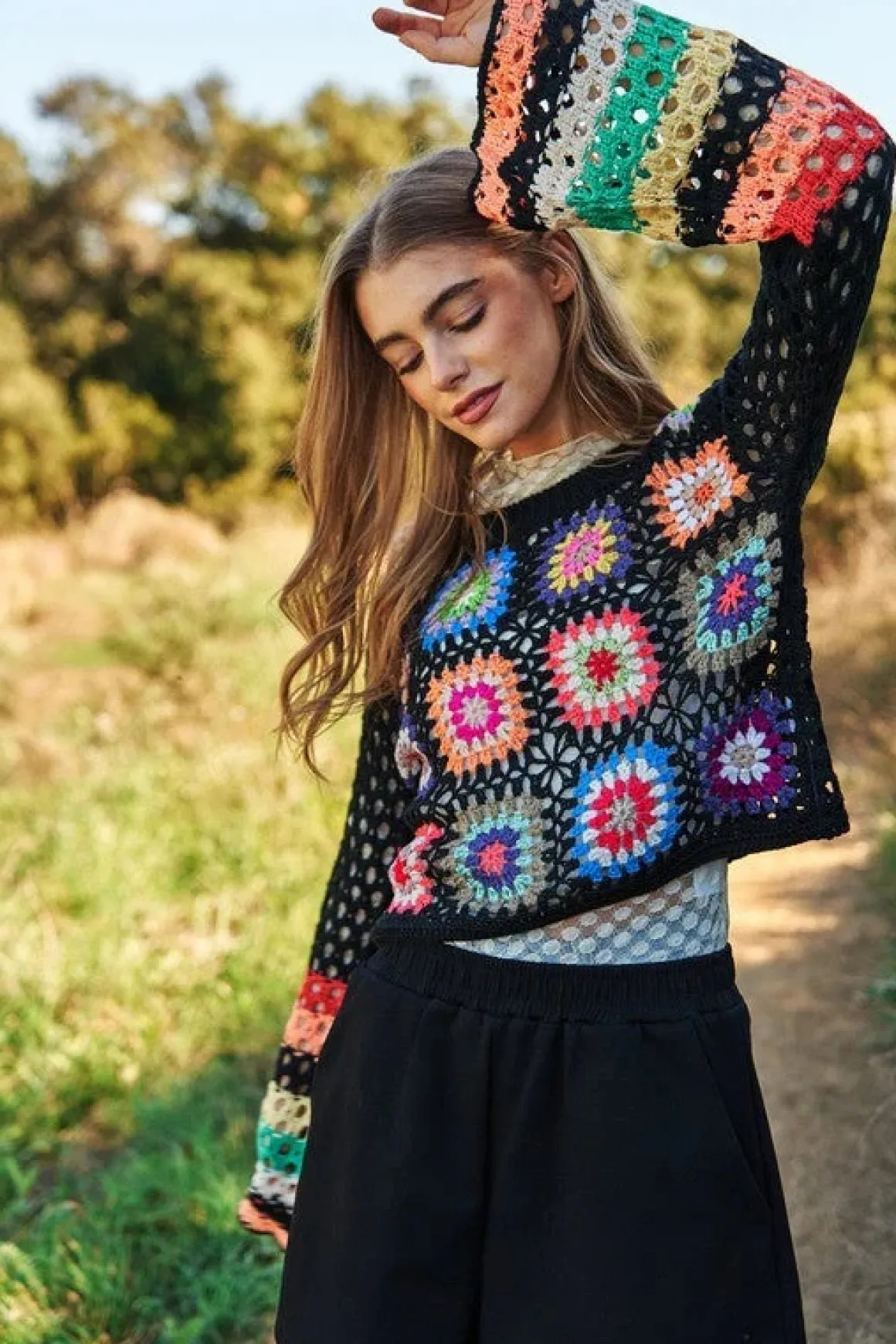 Floral Crochet Striped Sleeve Cropped Knit Sweater *Onine Only*