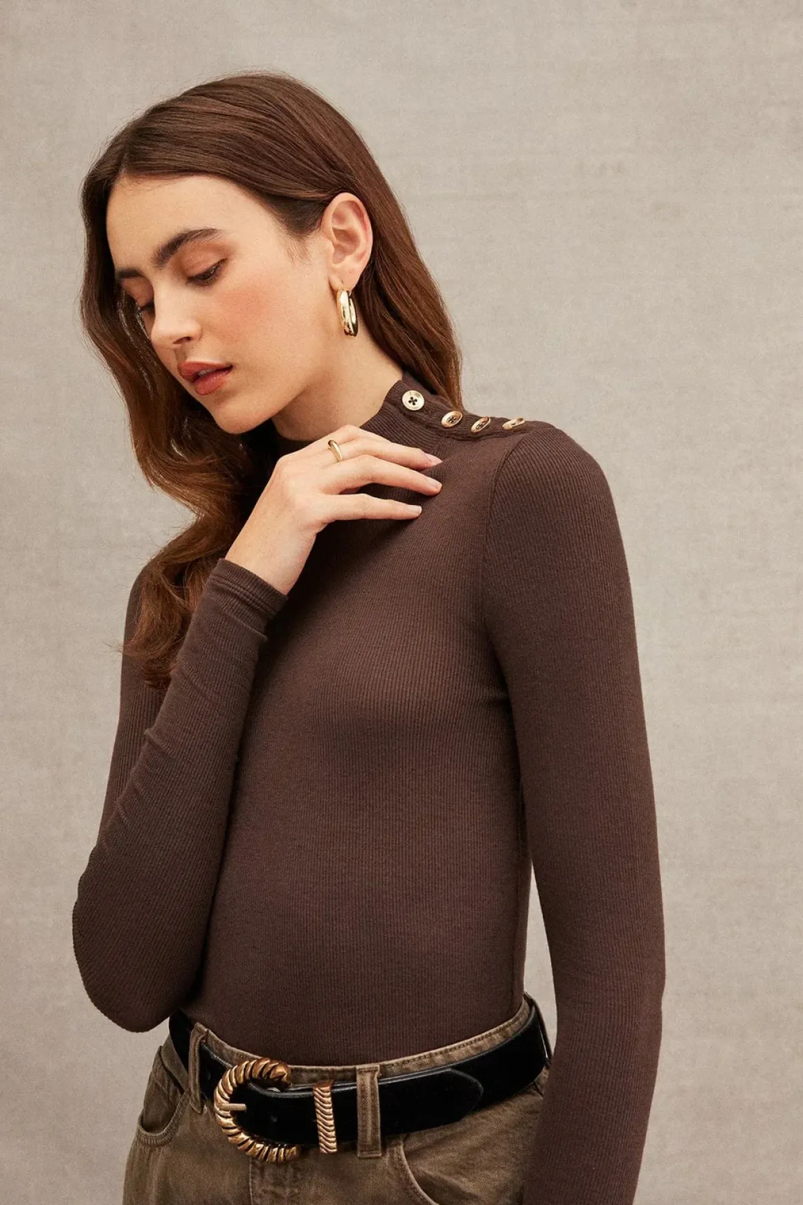 Goldie Marina Button Shoulder Mockneck
