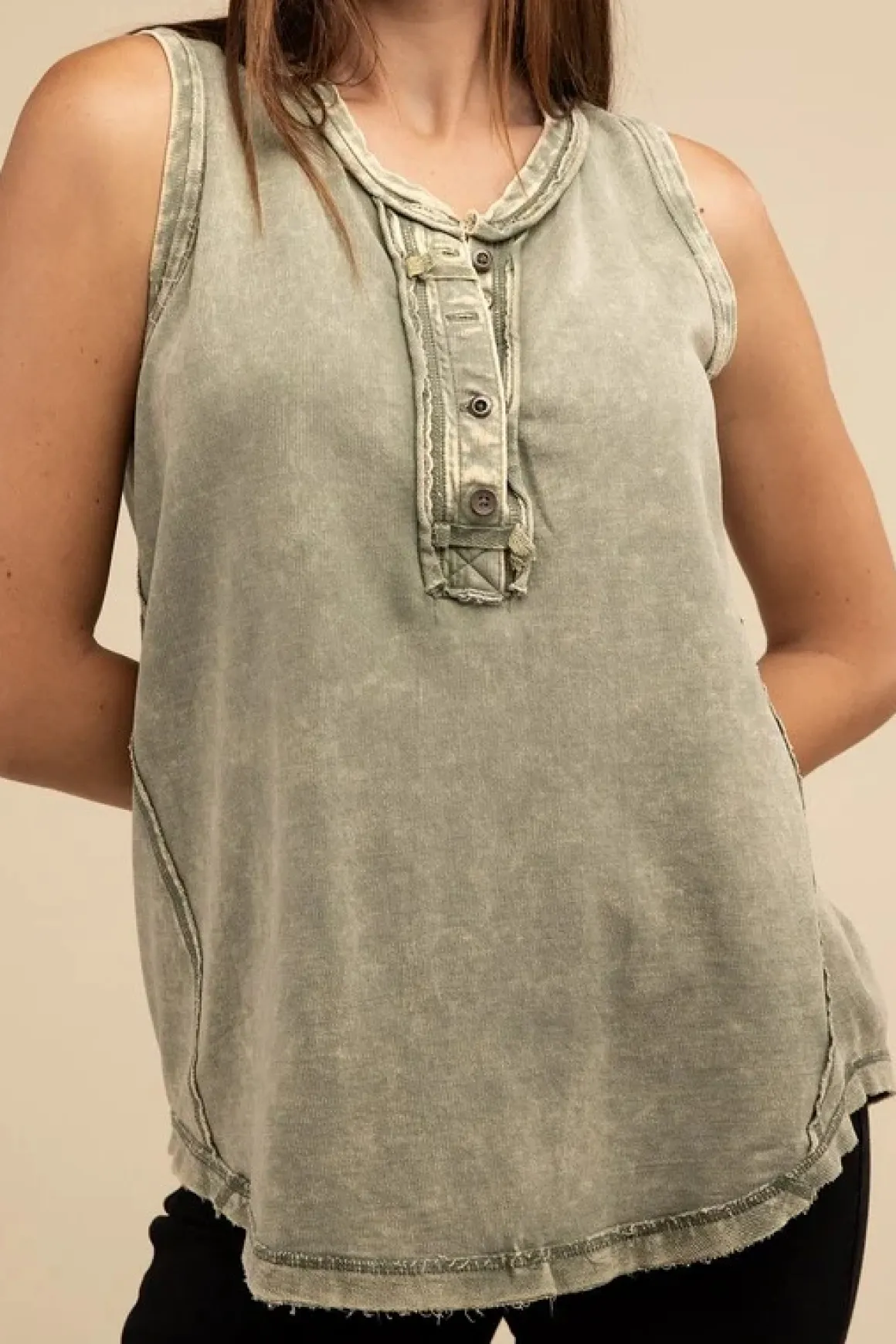 Half-Button Raw Edge Sleeveless Henley Top *Online Only*