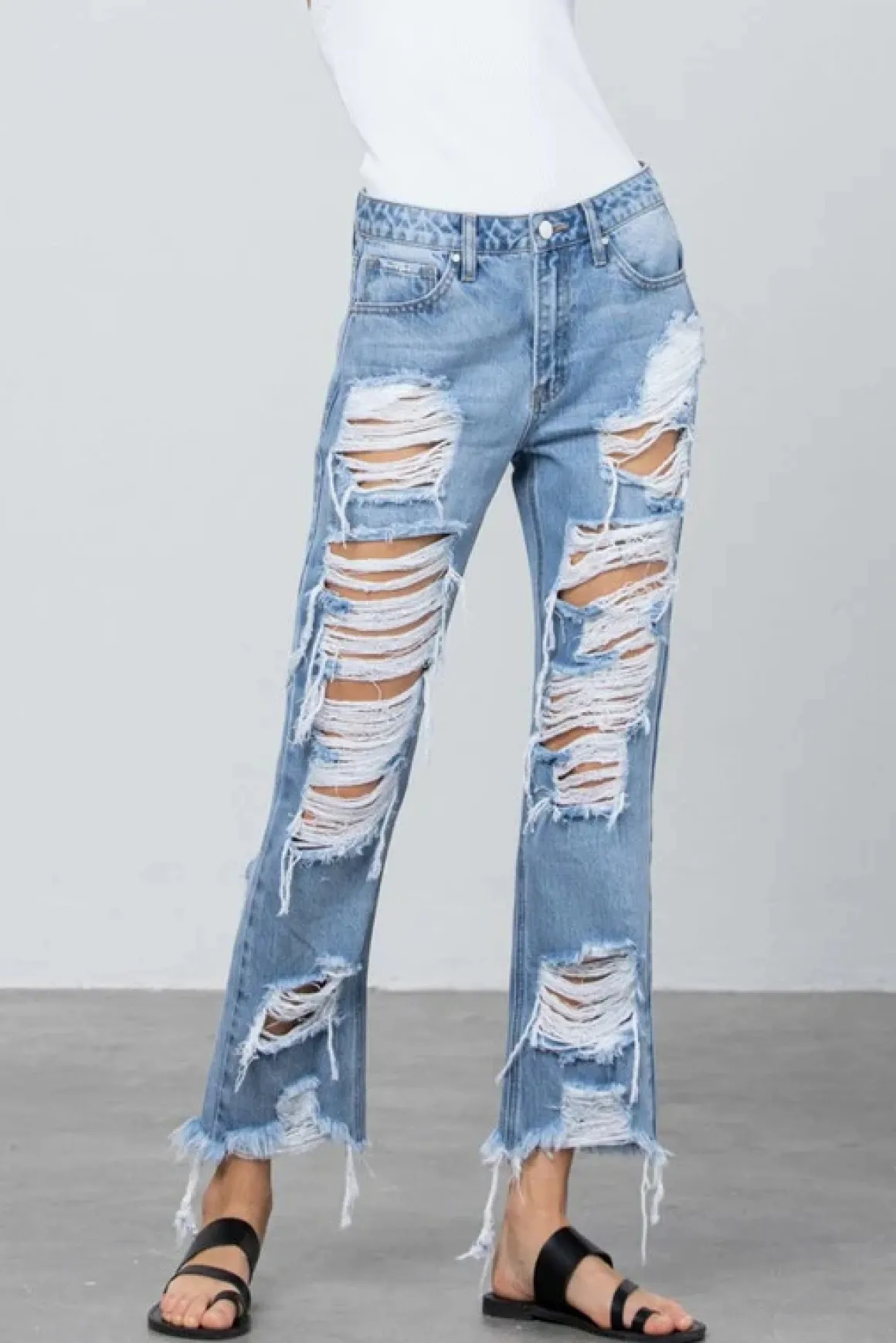 Heavy Destroyed Frayed Hem Straight Jeans