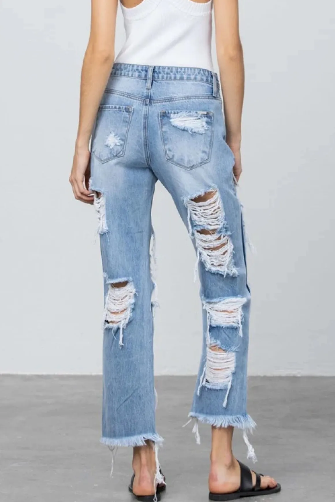 Heavy Destroyed Frayed Hem Straight Jeans