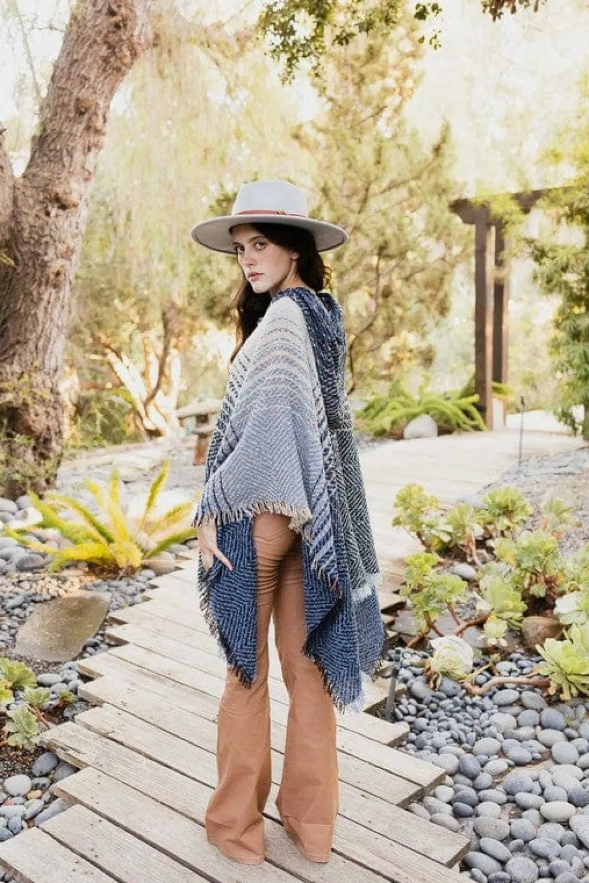 Herringbone Tweed Hooded Frayed Edge Poncho *Online Only*