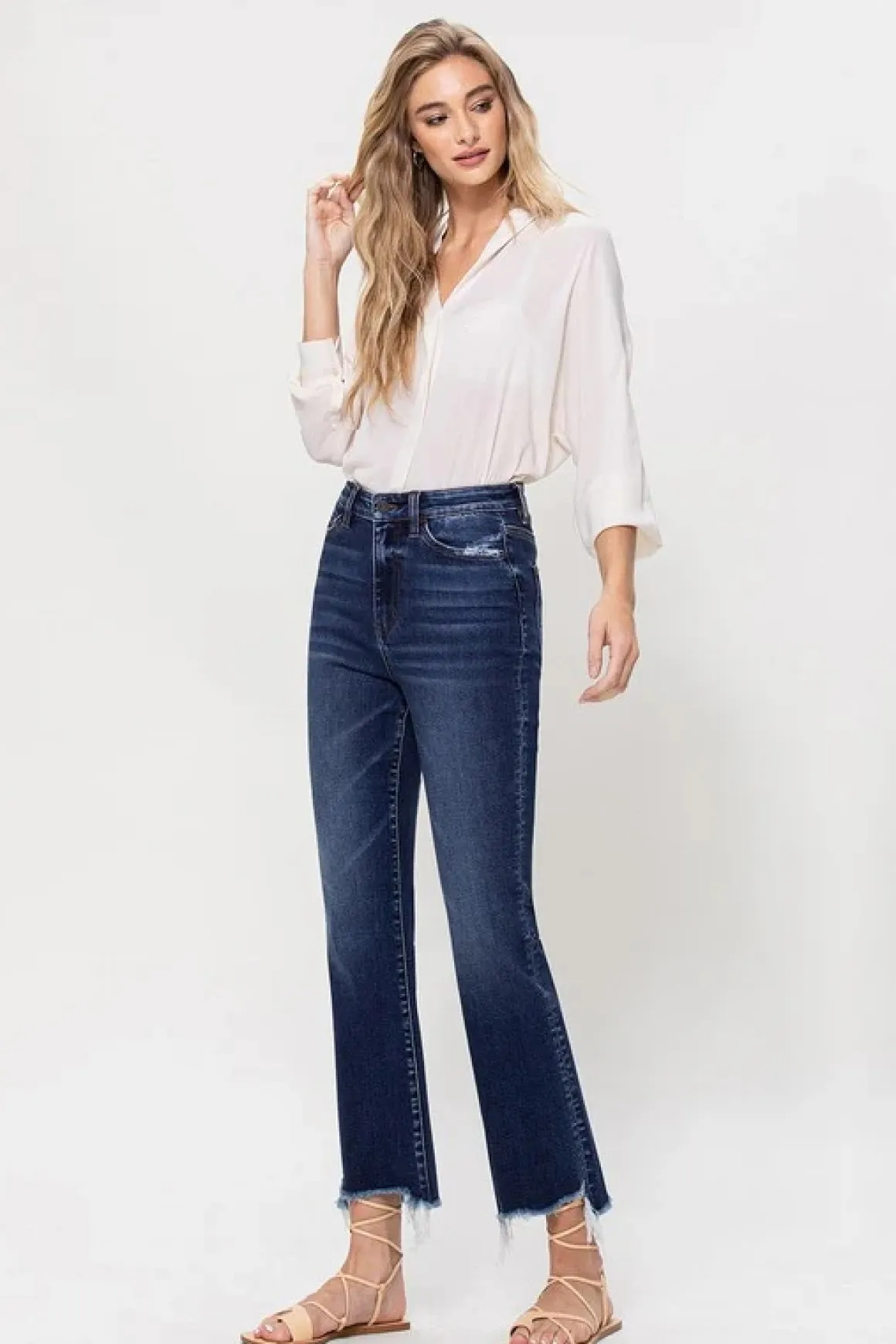 high_rise_distressed_hem__6.webp High Rise Distressed Hem Kick Flare Jeans *Online Only*