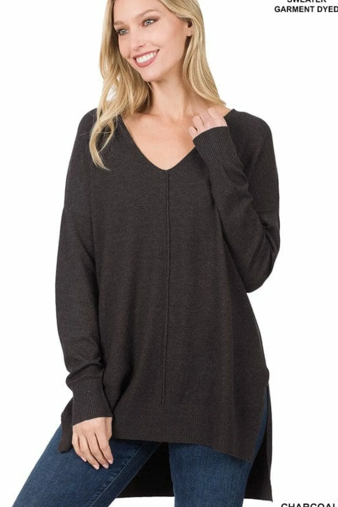 Hi-Low Hem V-Neck Center Seam Sweater *Online Only*