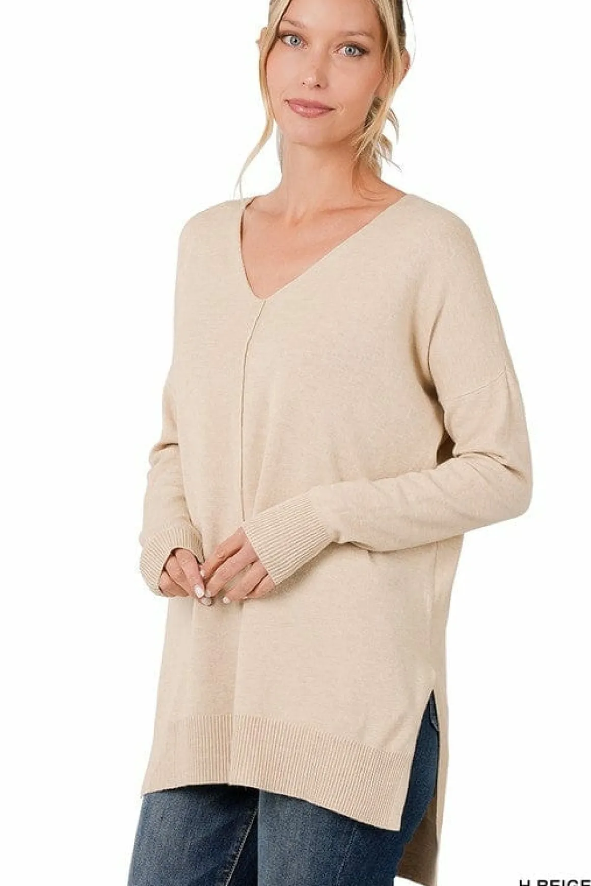 Hi-Low Hem V-Neck Center Seam Sweater *Online Only*