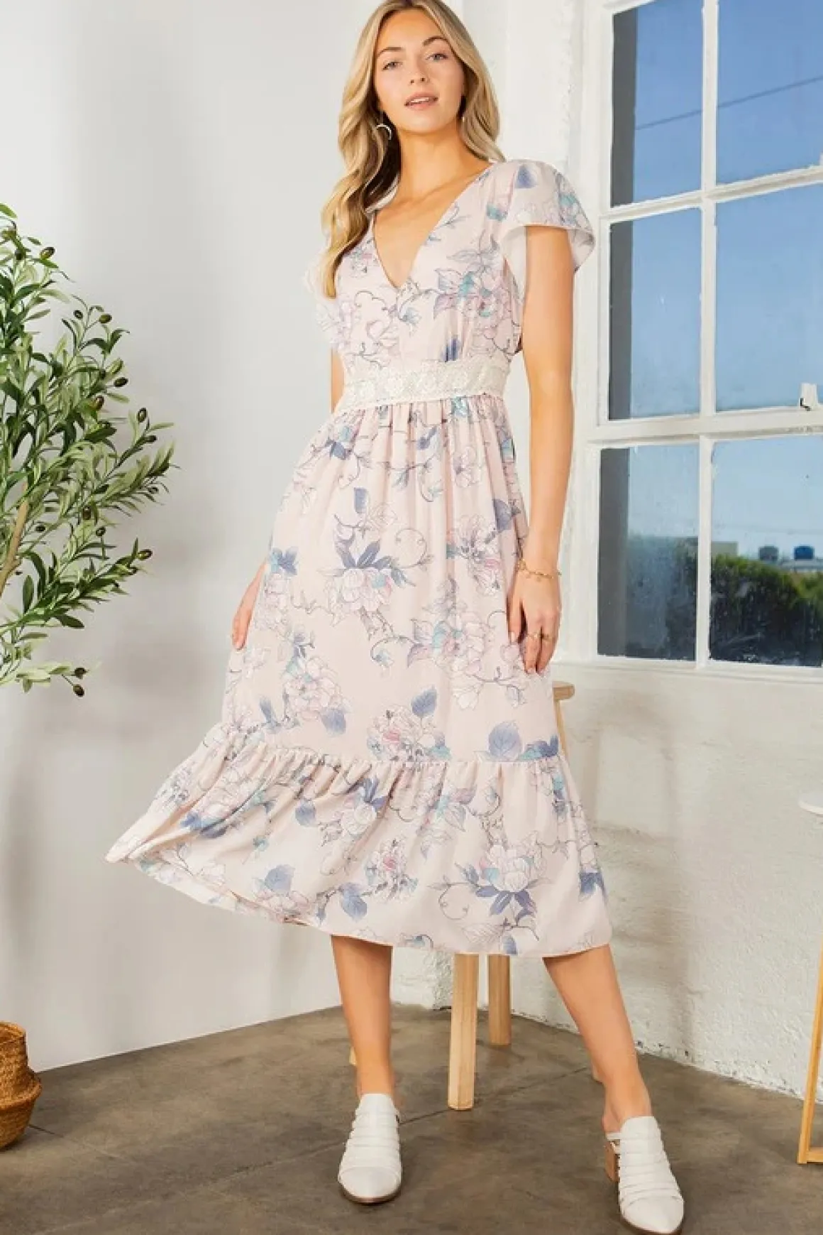 Lace Detailed Flutter Sleeve Ruffle Dress *Online Only*