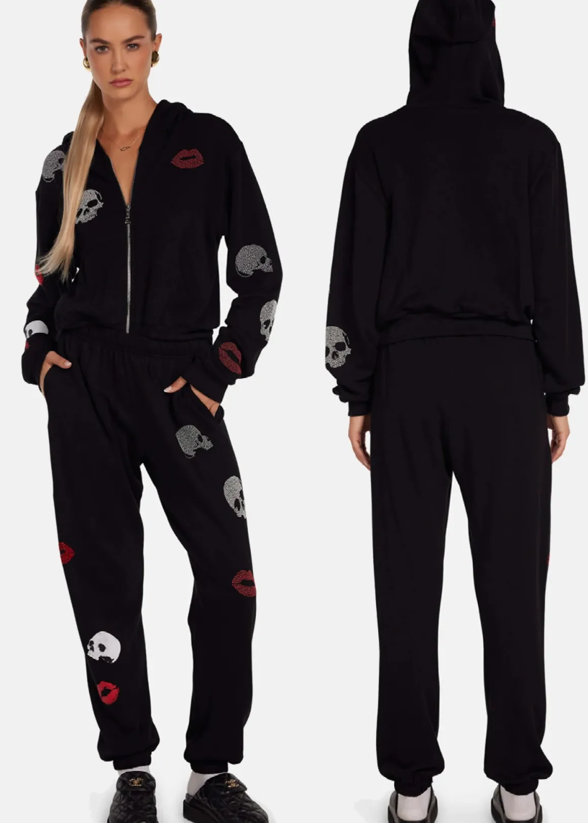 Lauren Moshi Chantria Studded Skulls and Lips Sweatpants
