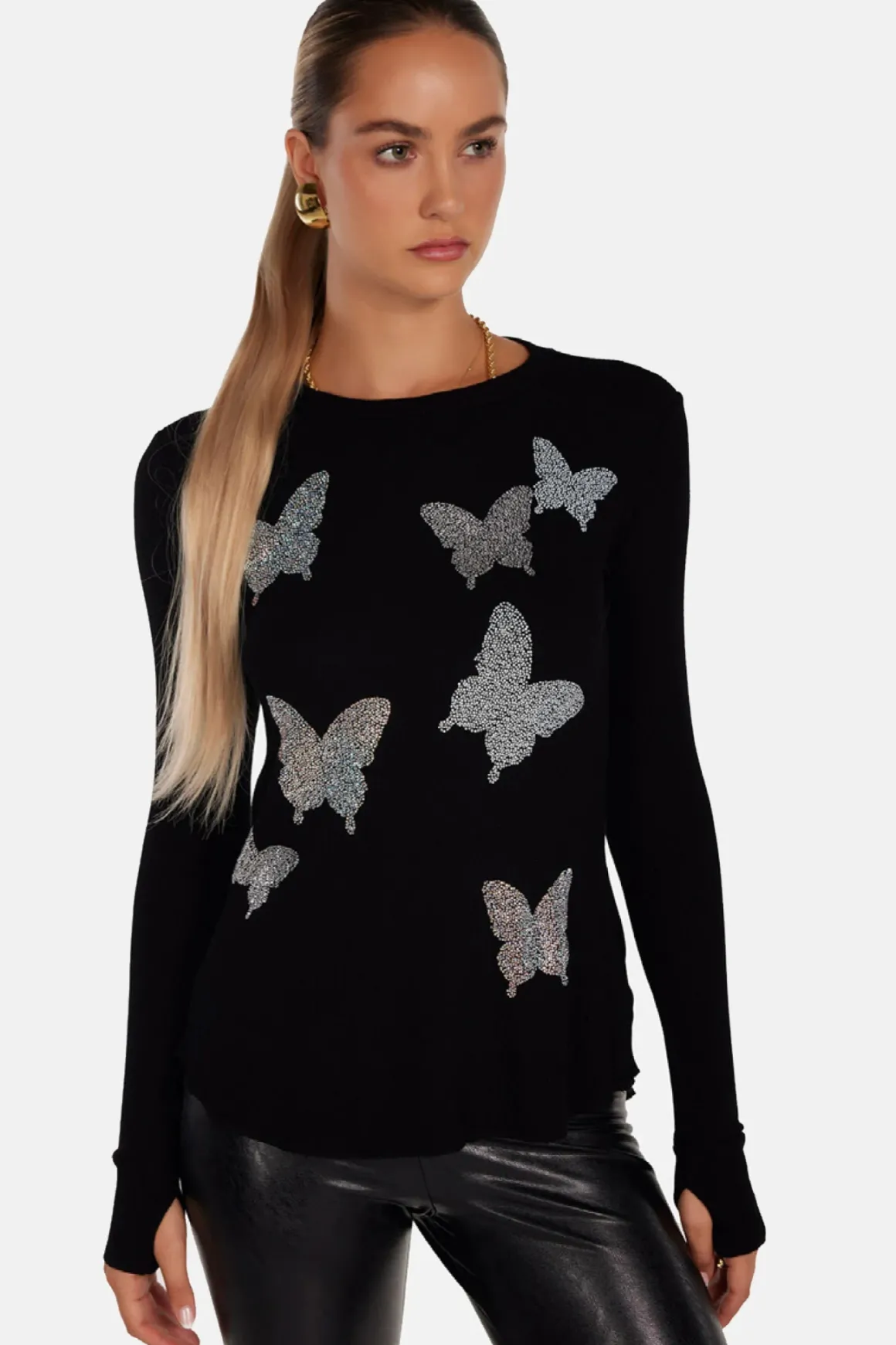 Lauren Moshi McKinley Crystal Butterfly Long Sleeve Shirt