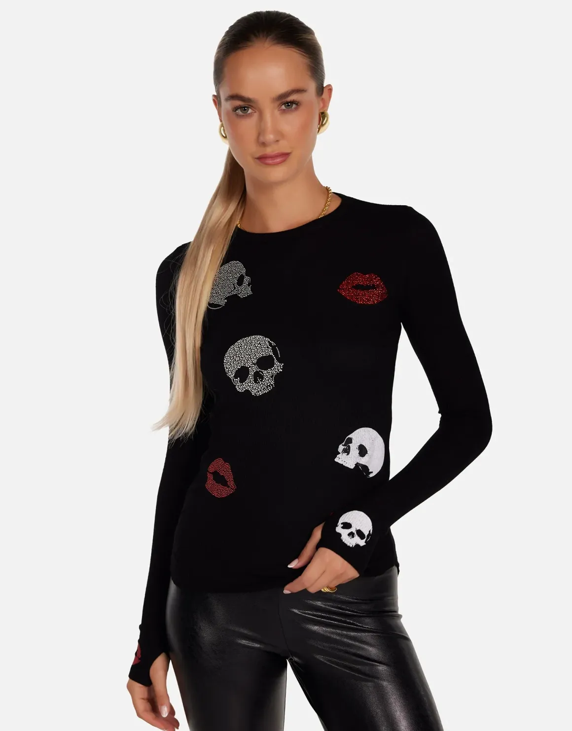 Lauren Moshi McKinley Stud Skull & Lips Long Sleeve Shirt