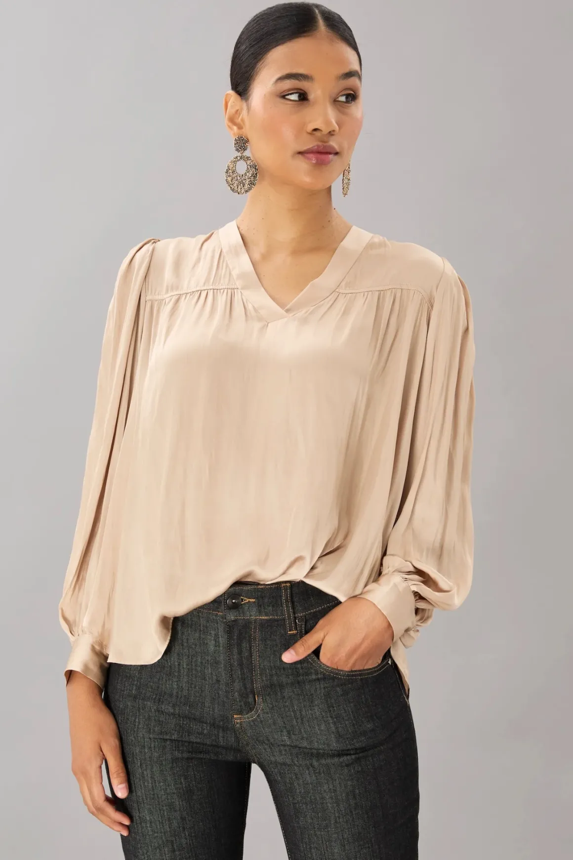 Lola & Sophie Vintage Satin V-Neck Blouse