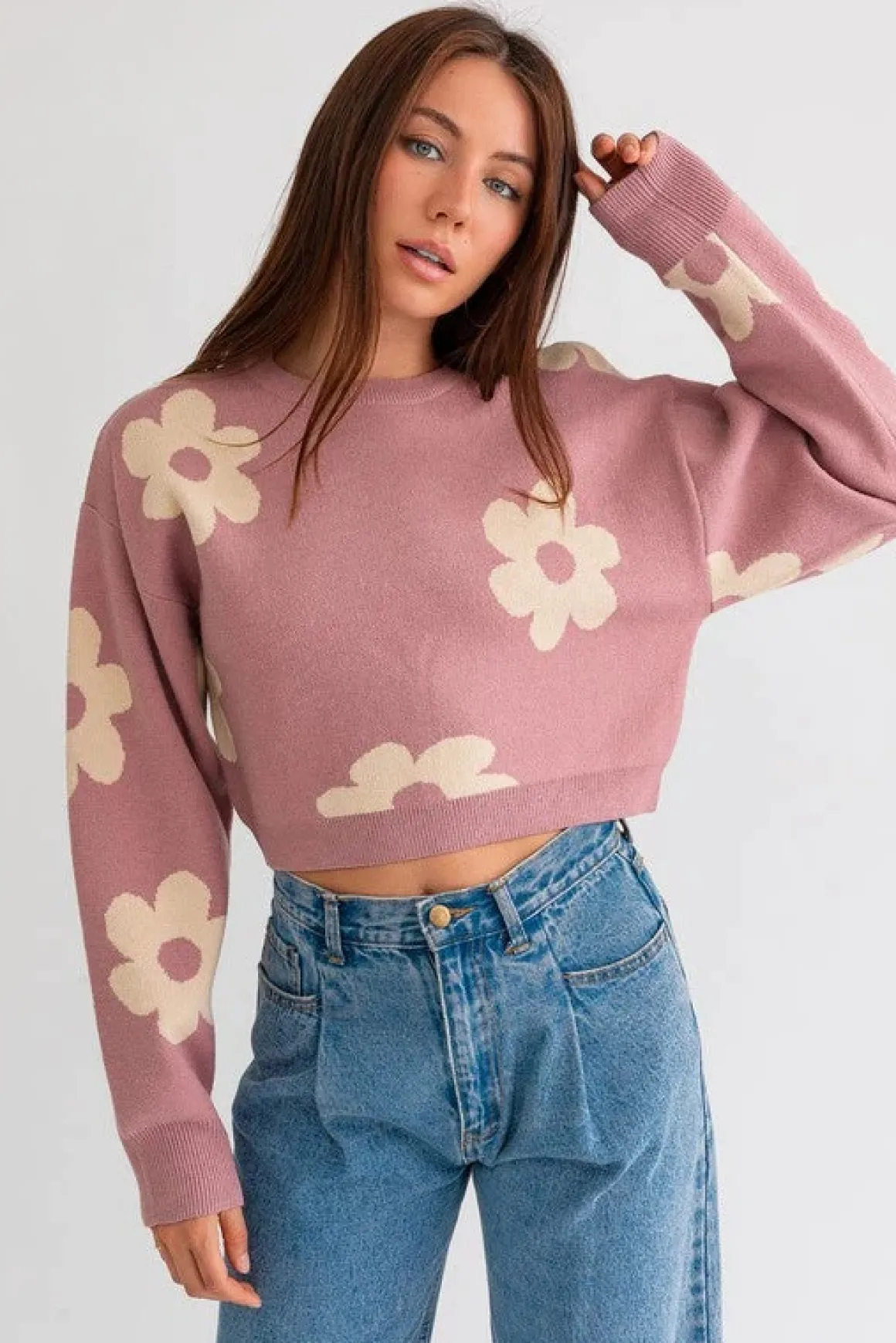 Long Sleeve Crop Sweater with Daisy Pattern * Online Only*