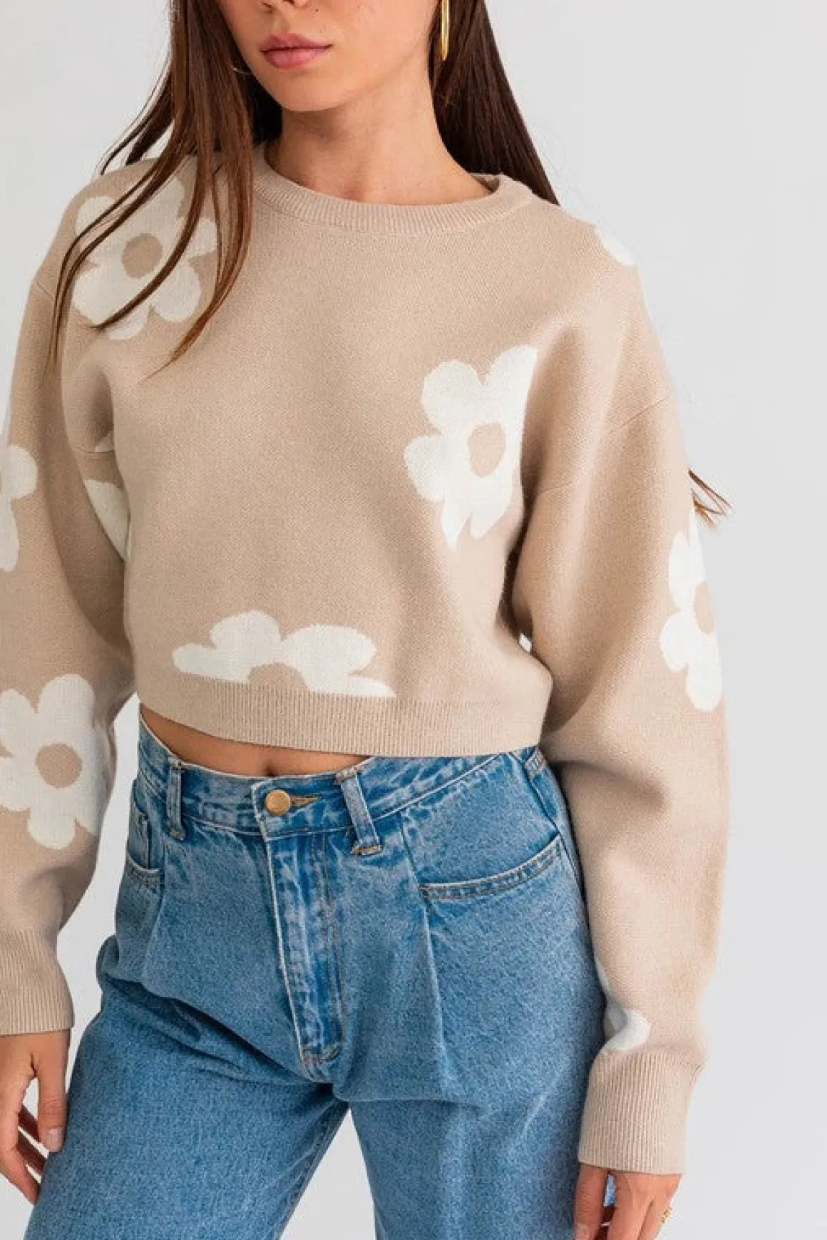 Long Sleeve Crop Sweater with Daisy Pattern  * Online Only*