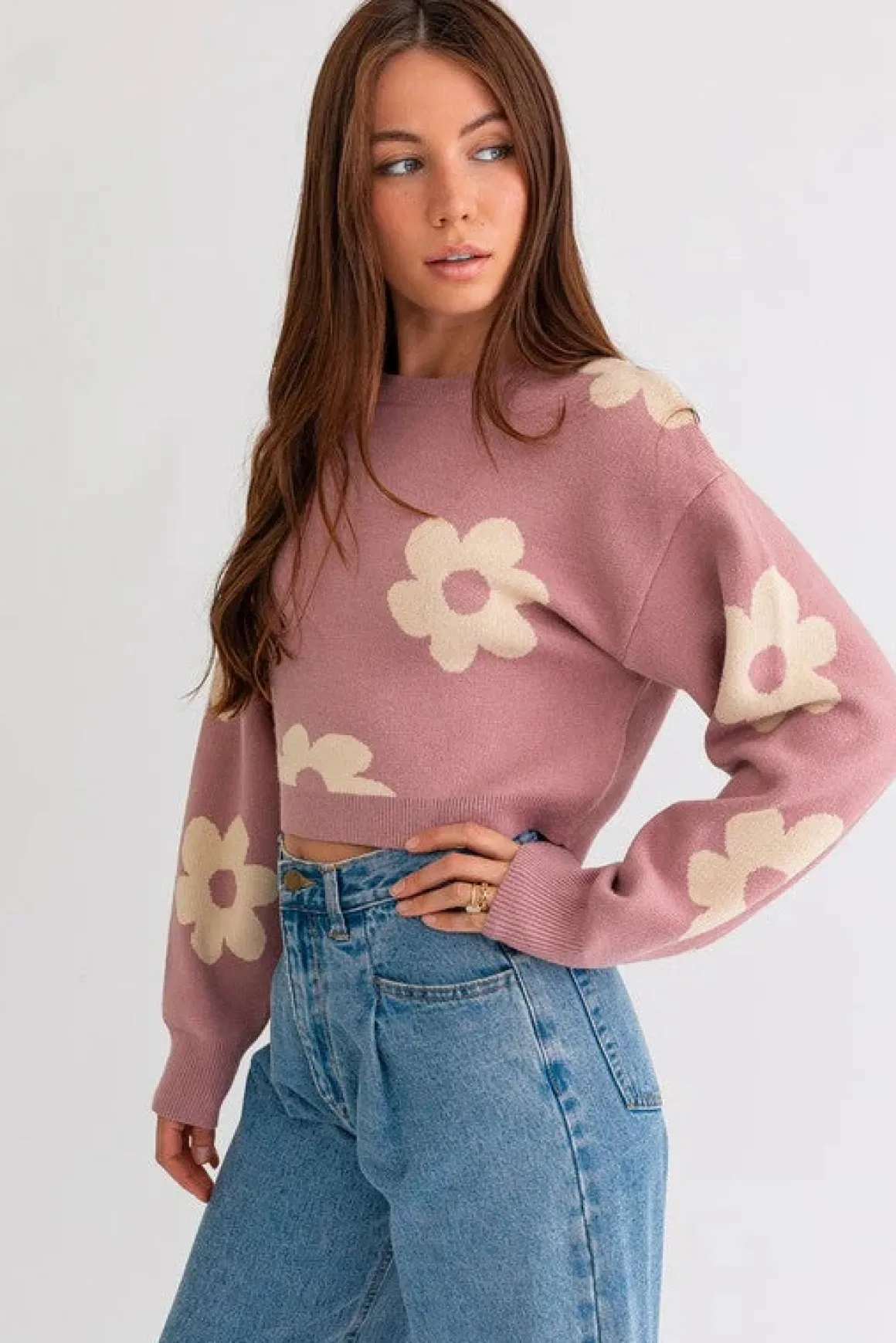 long_sleeve_crop_sweater__3.webp Long Sleeve Crop Sweater with Daisy Pattern * Online Only*
