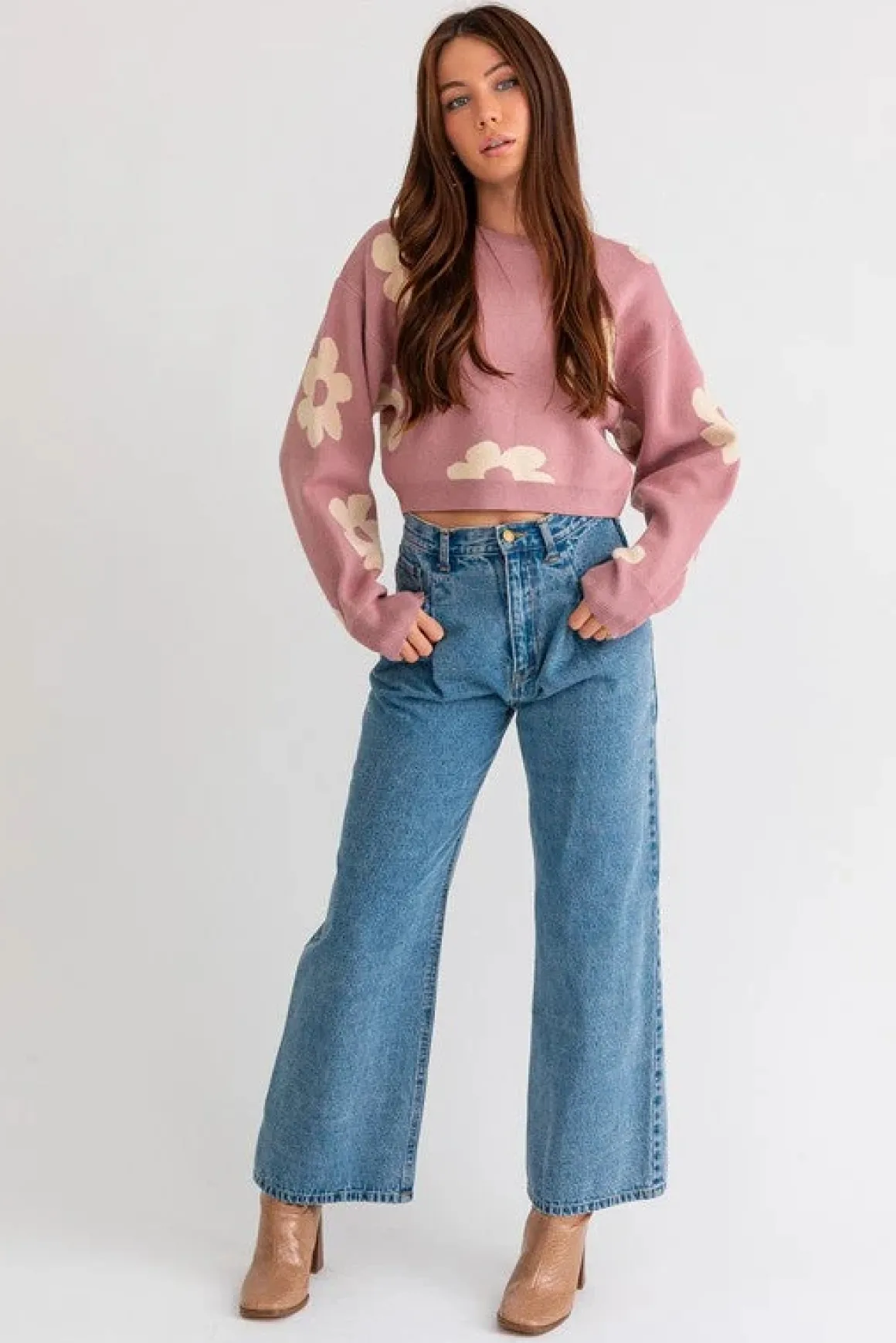 long_sleeve_crop_sweater__4.webp Long Sleeve Crop Sweater with Daisy Pattern * Online Only*