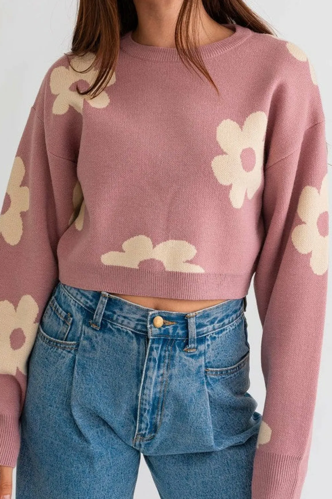 long_sleeve_crop_sweater__5.webp Long Sleeve Crop Sweater with Daisy Pattern * Online Only*