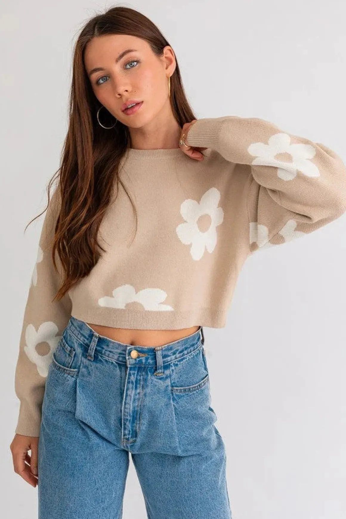 long_sleeve_crop_sweater__7.webp Long Sleeve Crop Sweater with Daisy Pattern * Online Only*