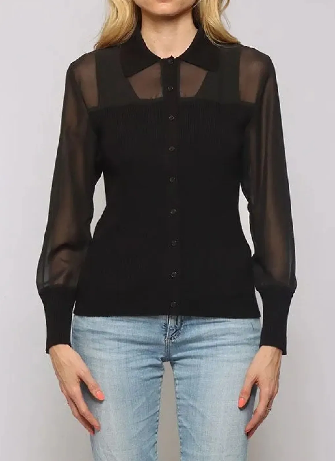 Lonnys Sheer Ribbed Button Up Shirt