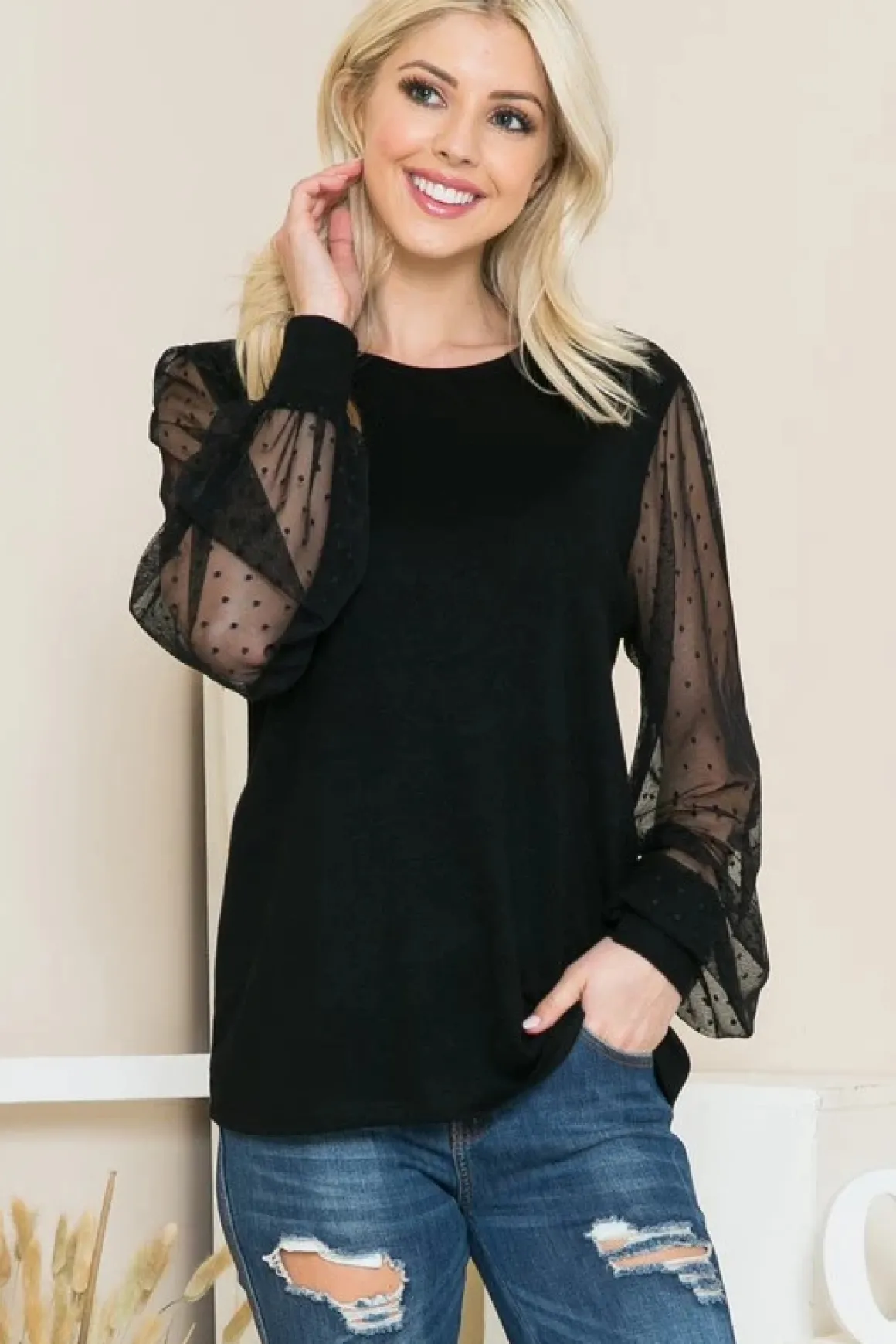 Mesh Dot Puff Sleeve Knit Top *Online Only*