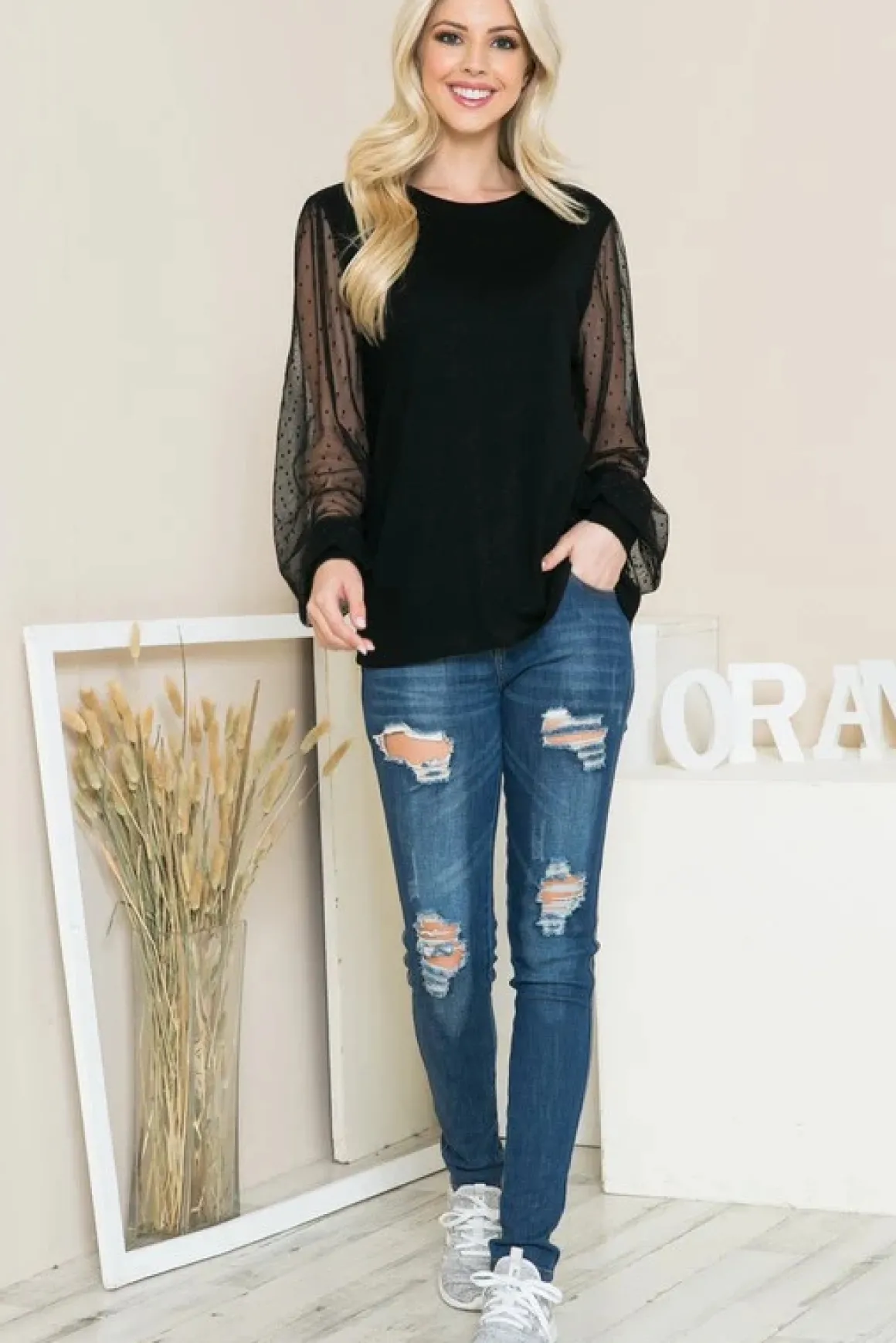 Mesh Dot Puff Sleeve Knit Top *Online Only*