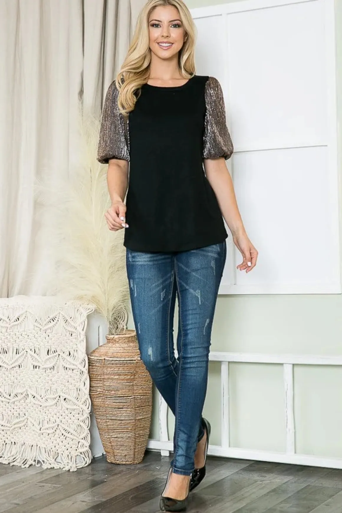 Metallic Bubble Sleeve Top *Online Only*