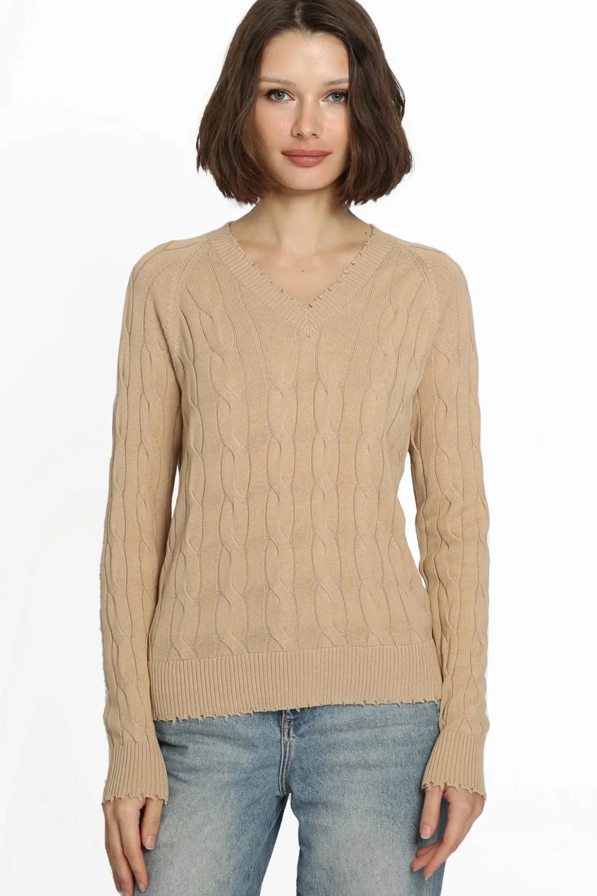 Minnie Rose Cable Long Sleeve V-Neck with Frayed Edges