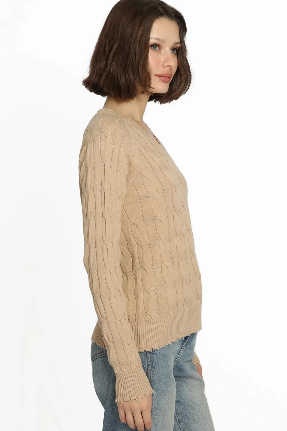 Minnie Rose Cable Long Sleeve V-Neck with Frayed Edges