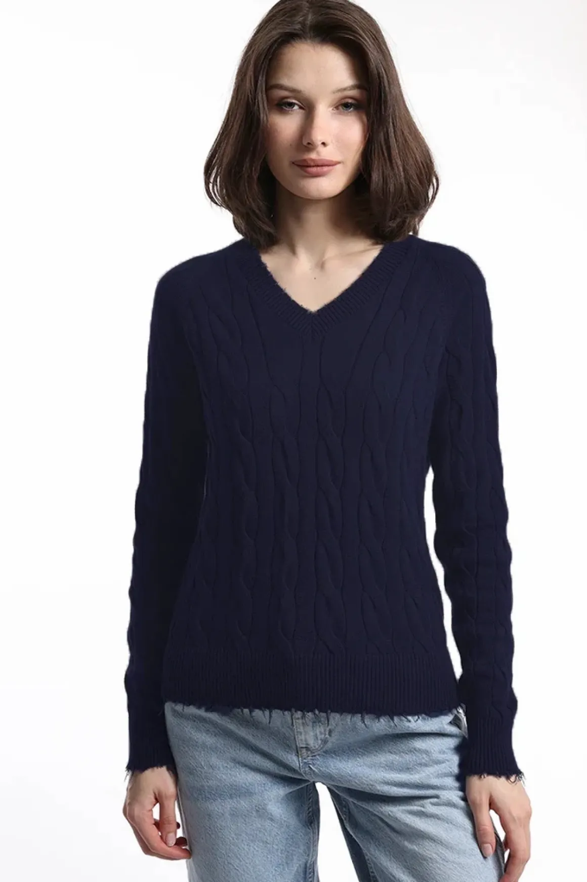 minnie_rose_cable_long_sl_2.webp Minnie Rose Cable Long Sleeve V-Neck with Frayed Edges