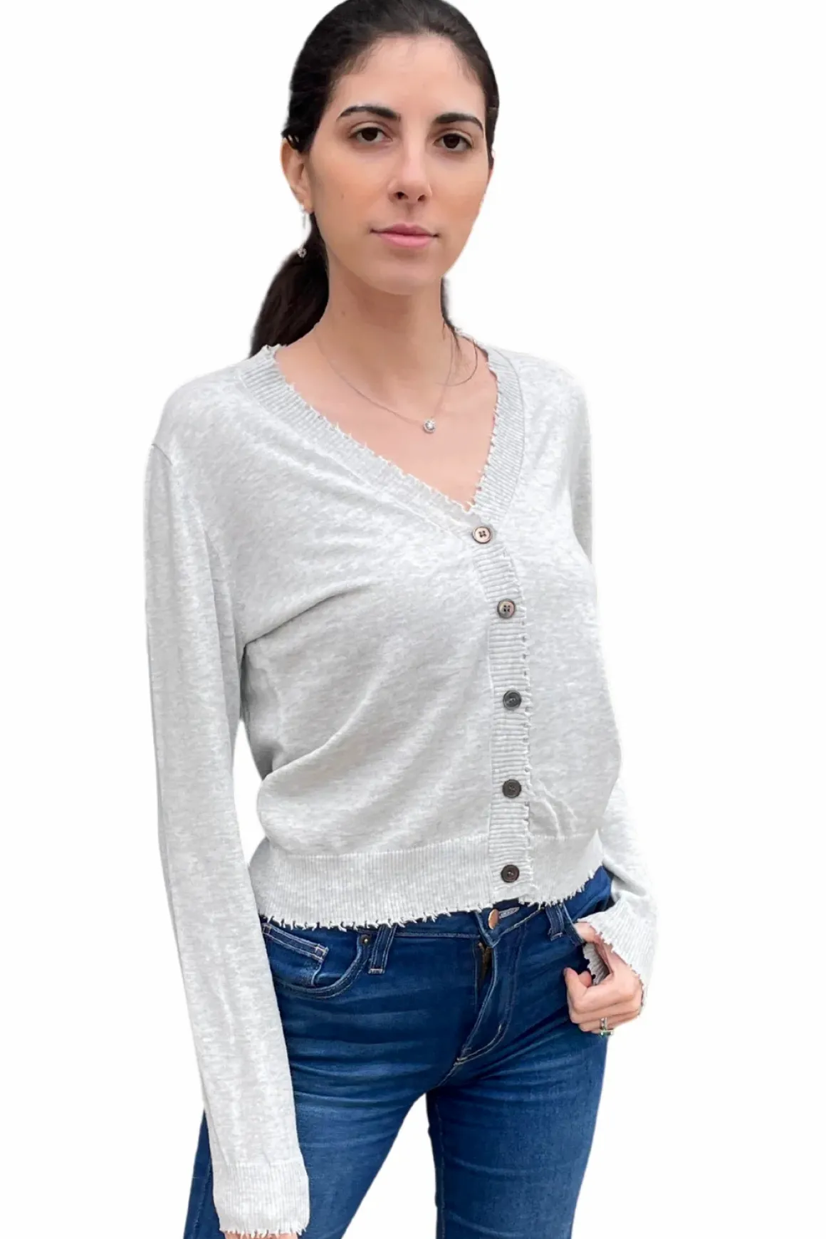 Minnie Rose Cotton Cashmere Frayed Cardigan
