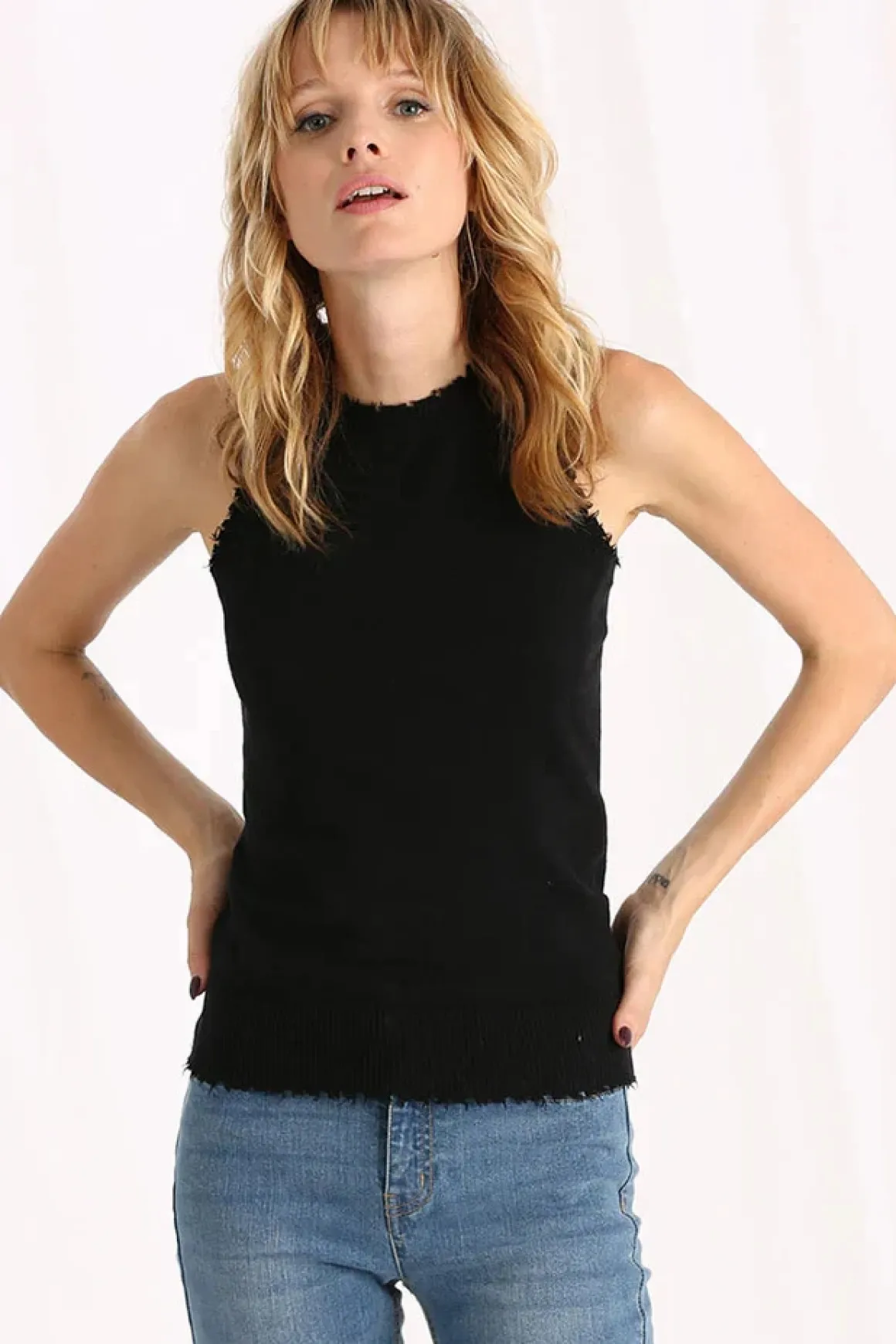 Minnie Rose Cotton Cashmere Frayed Tank